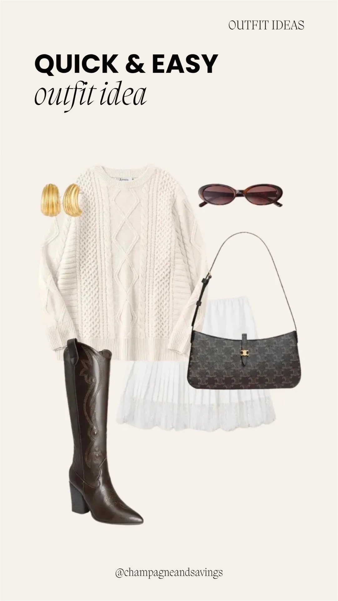 Collage of outfit pieces featuring a cream cable knit sweater, tulle skirt, and cowboy boots for a playful, feminine-meets-western look.