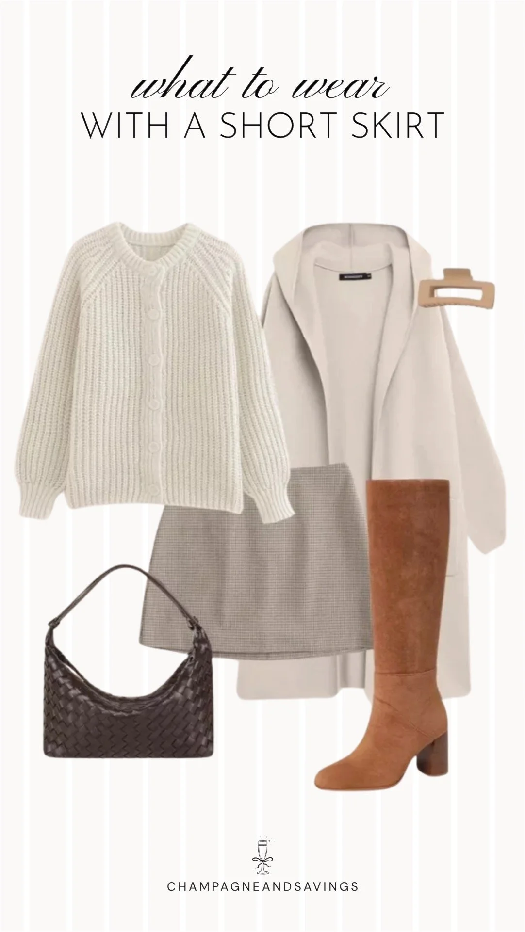 Collage of outfit pieces featuring a short skirt styled with a long coat and tall boots for a chic, elevated outfit idea.