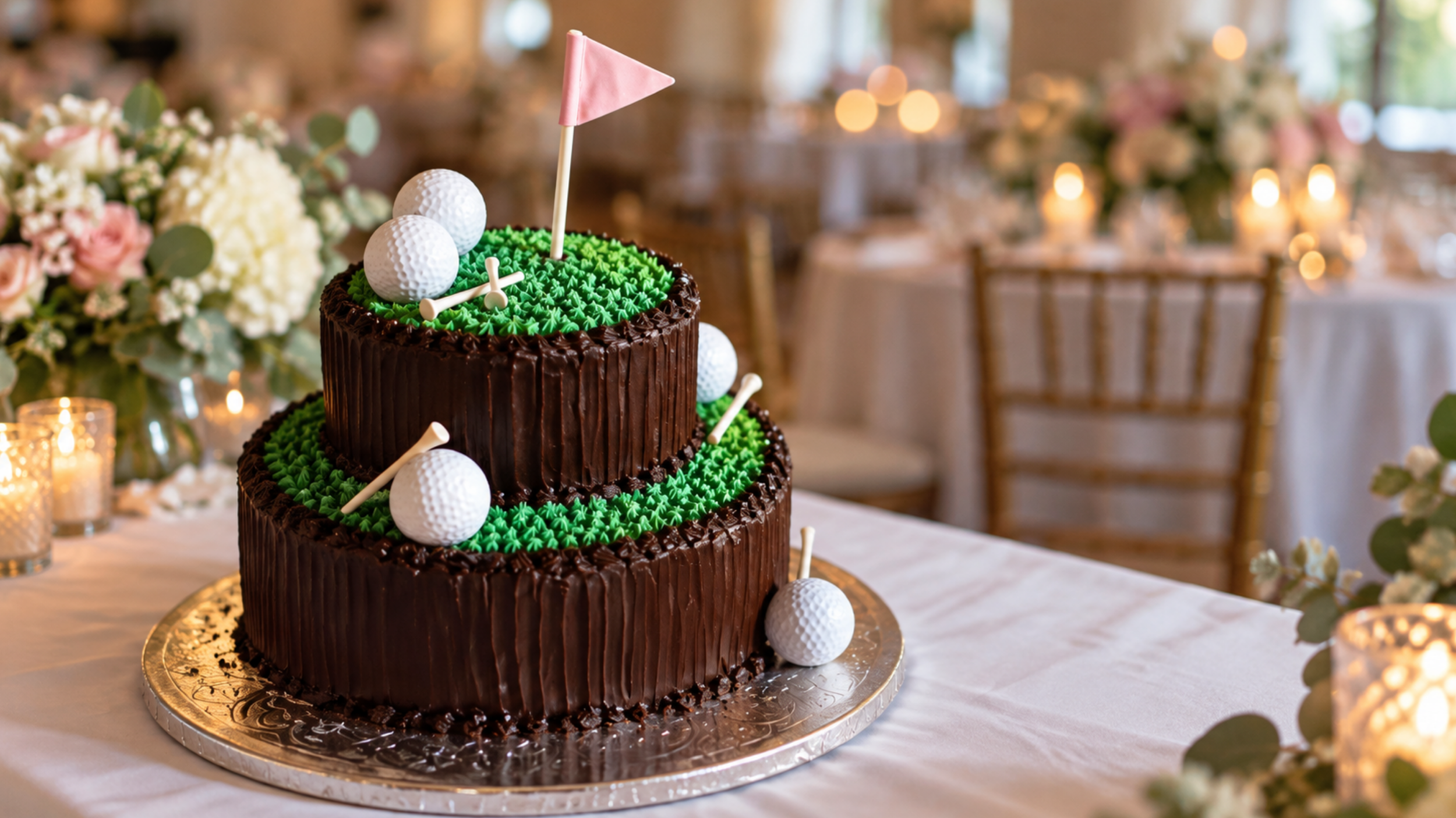 Two-tier chocolate golf-themed groom’s cake decorated with green icing, golf balls, tees, and a pink flag.