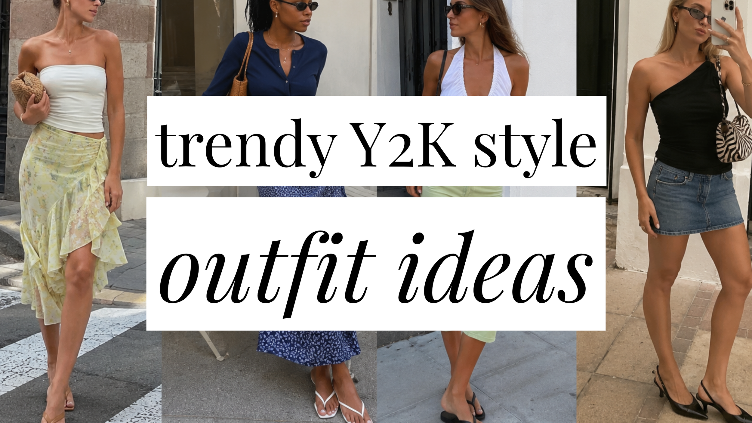 Image that says Trendy Y2K Style Outfit Ideas and has a collage of girls in styled outfits in the background.