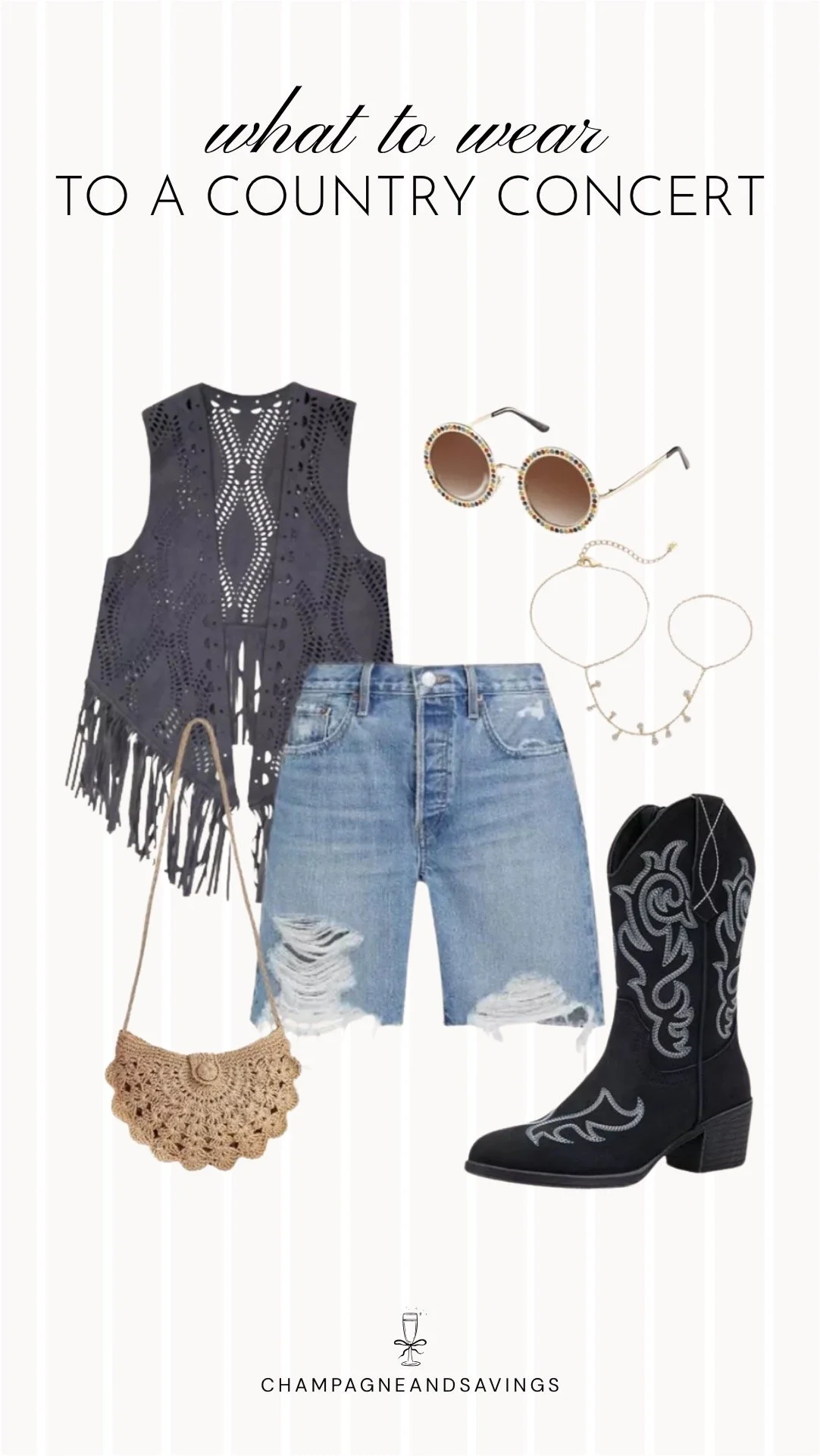 Collage of outfit pieces featuring a fringe vest styled with distressed shorts and black cowboy boots for a bold and trendy country concert outfit idea.