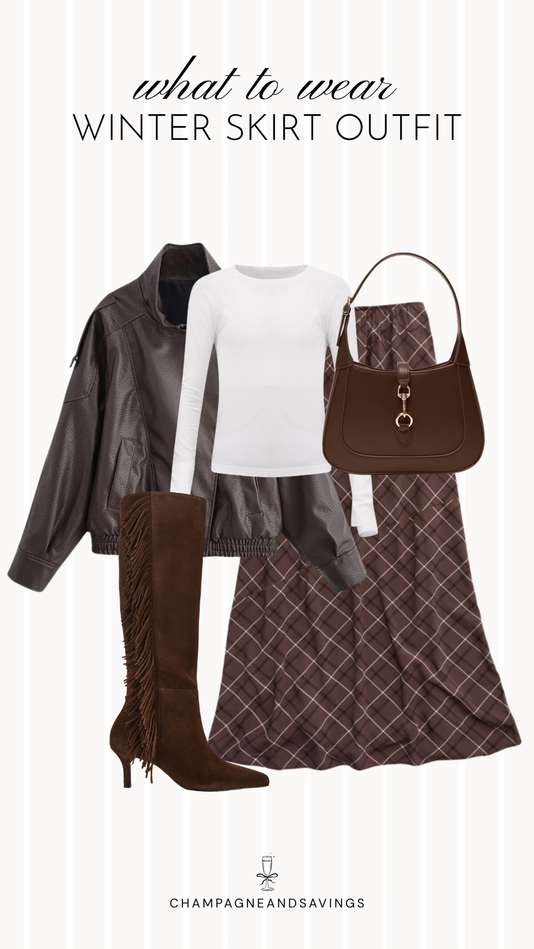Plaid maxi skirt and leather jacket winter outfit idea with cozy layers, boots, and accessories for a chic cold-weather look.