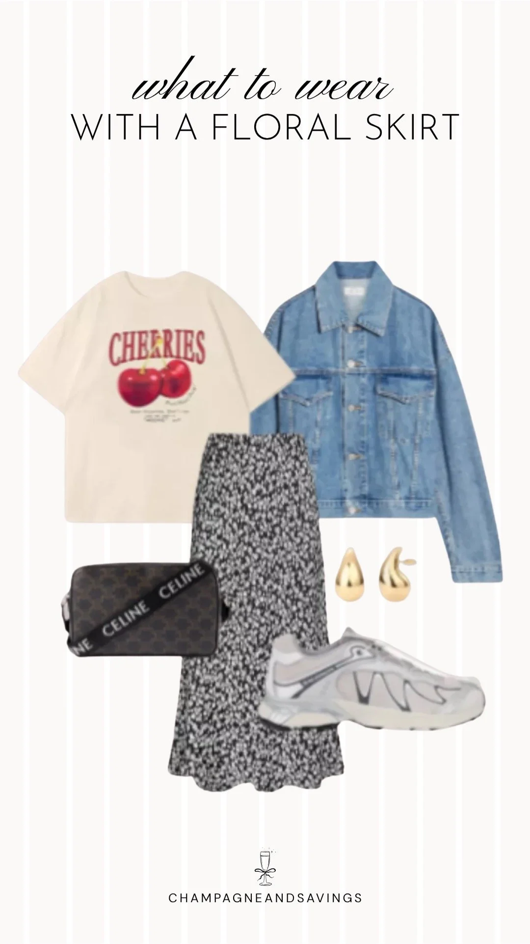 Collage of outfit pieces featuring a floral skirt styled with a graphic tee and sneakers for a casual, laid-back outfit