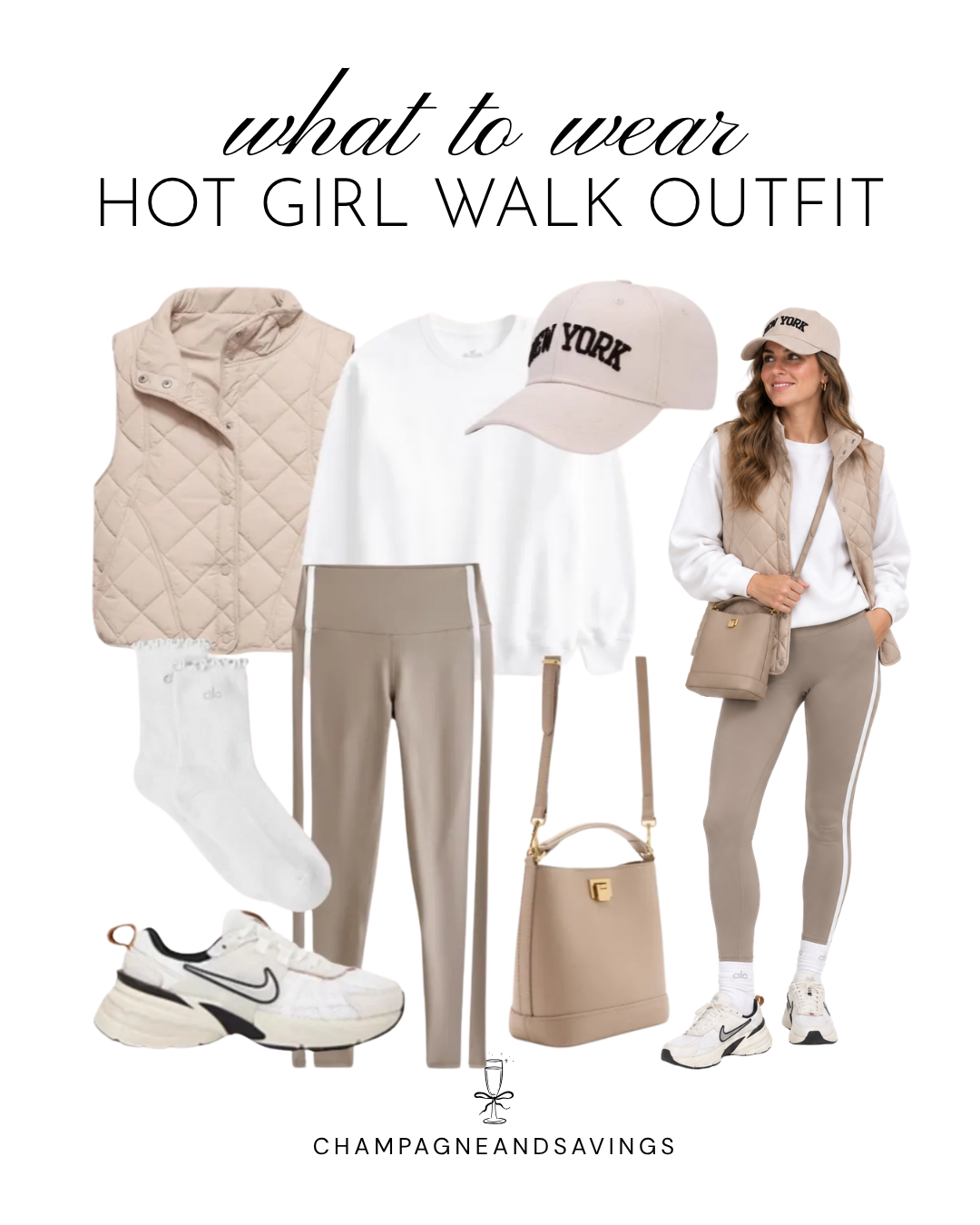 Hot girl walk outfit idea featuring a neutral puffer vest paired with matching leggings, shown in a collage of outfit pieces for a cute and comfortable walking outfit.