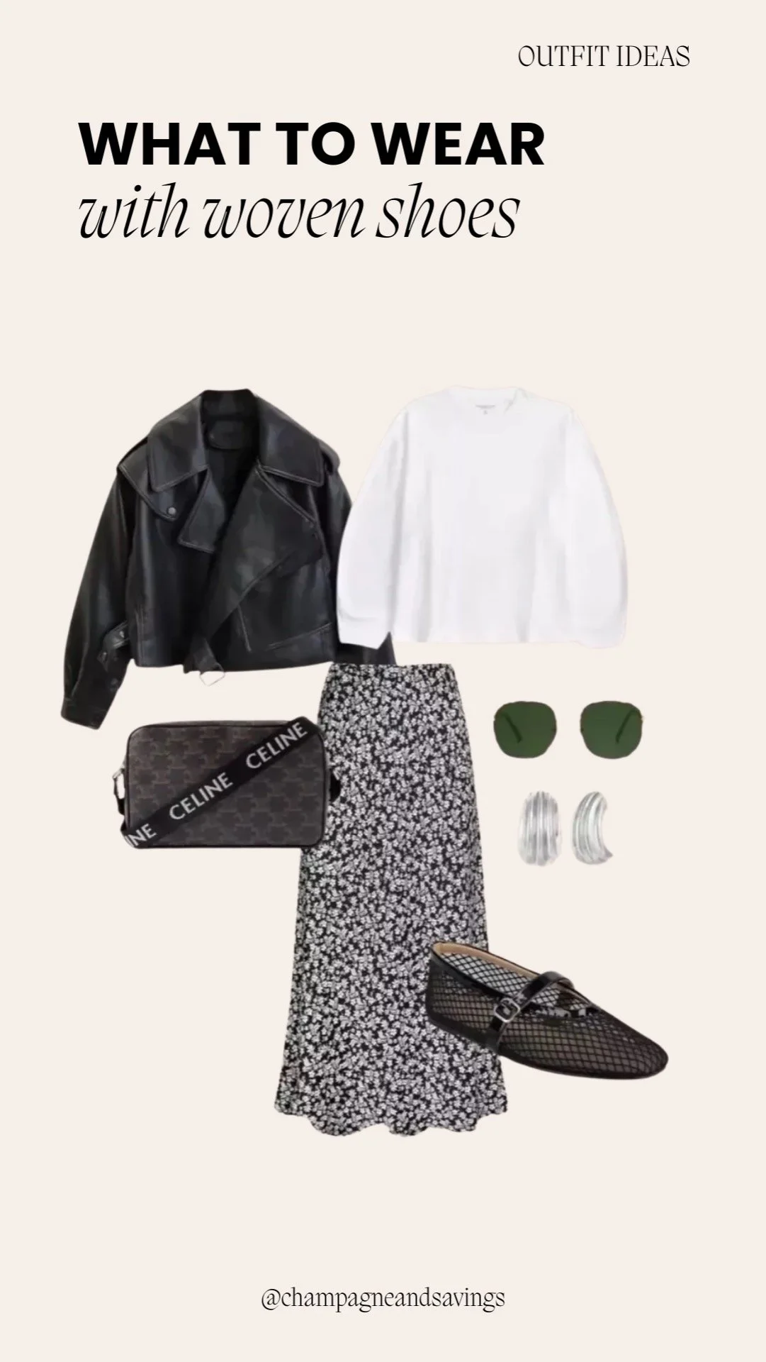 Spring outfit styled with woven shoes paired with a maxi skirt and leather jacket