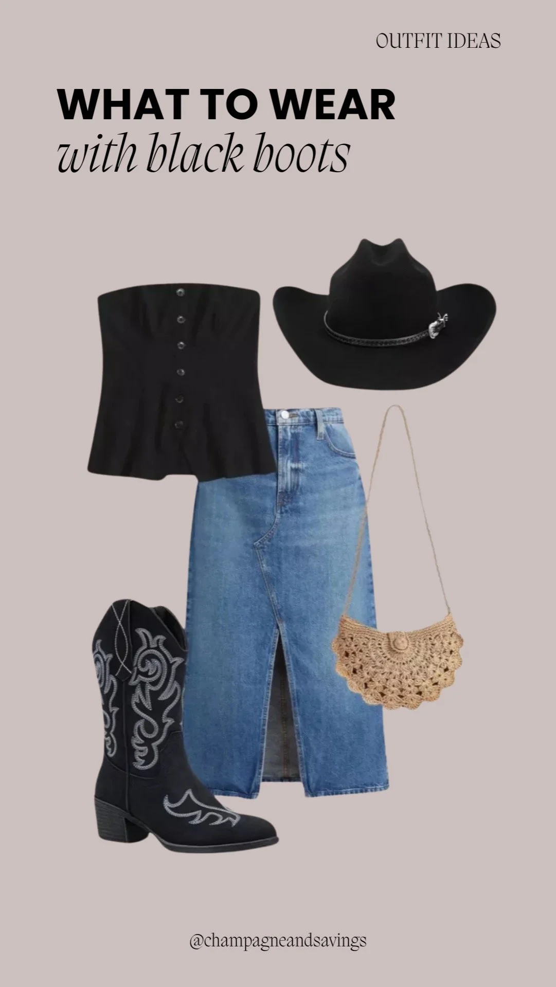 Western-inspired outfit featuring black boots styled with a denim skirt for a casual, trendy look.