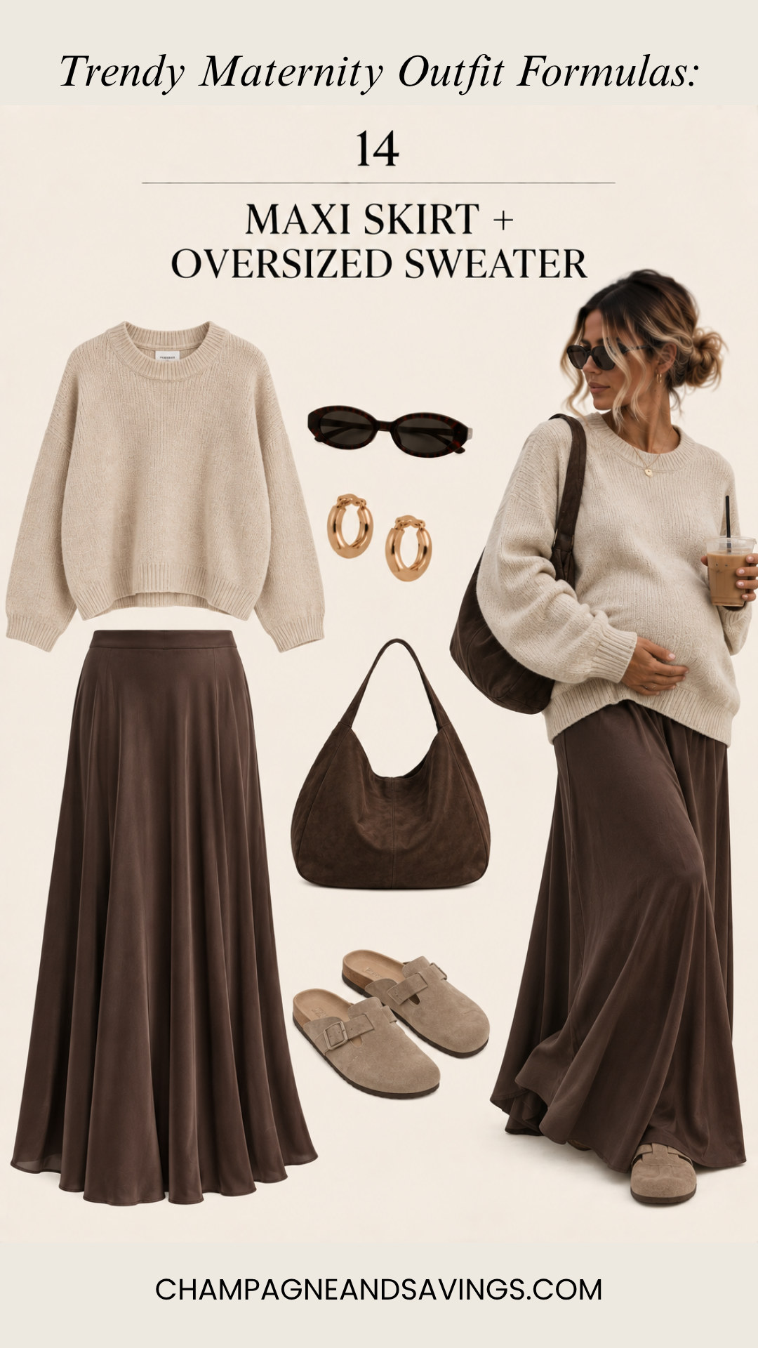 Maxi skirt with an oversized sweater pregnancy outfit formula featuring a collage of outfit pieces and a styled look for a trendy pregnancy outfit.