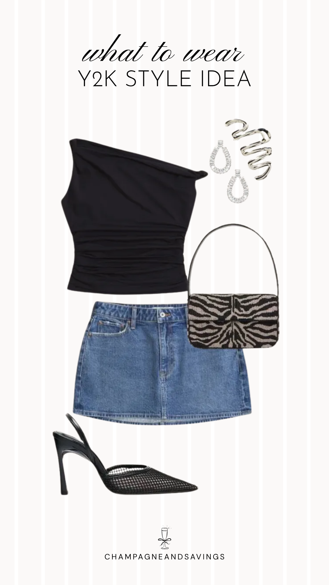 Y2K outfit idea collage featuring a one-shoulder top with a denim mini skirt for a trendy 2026 look.