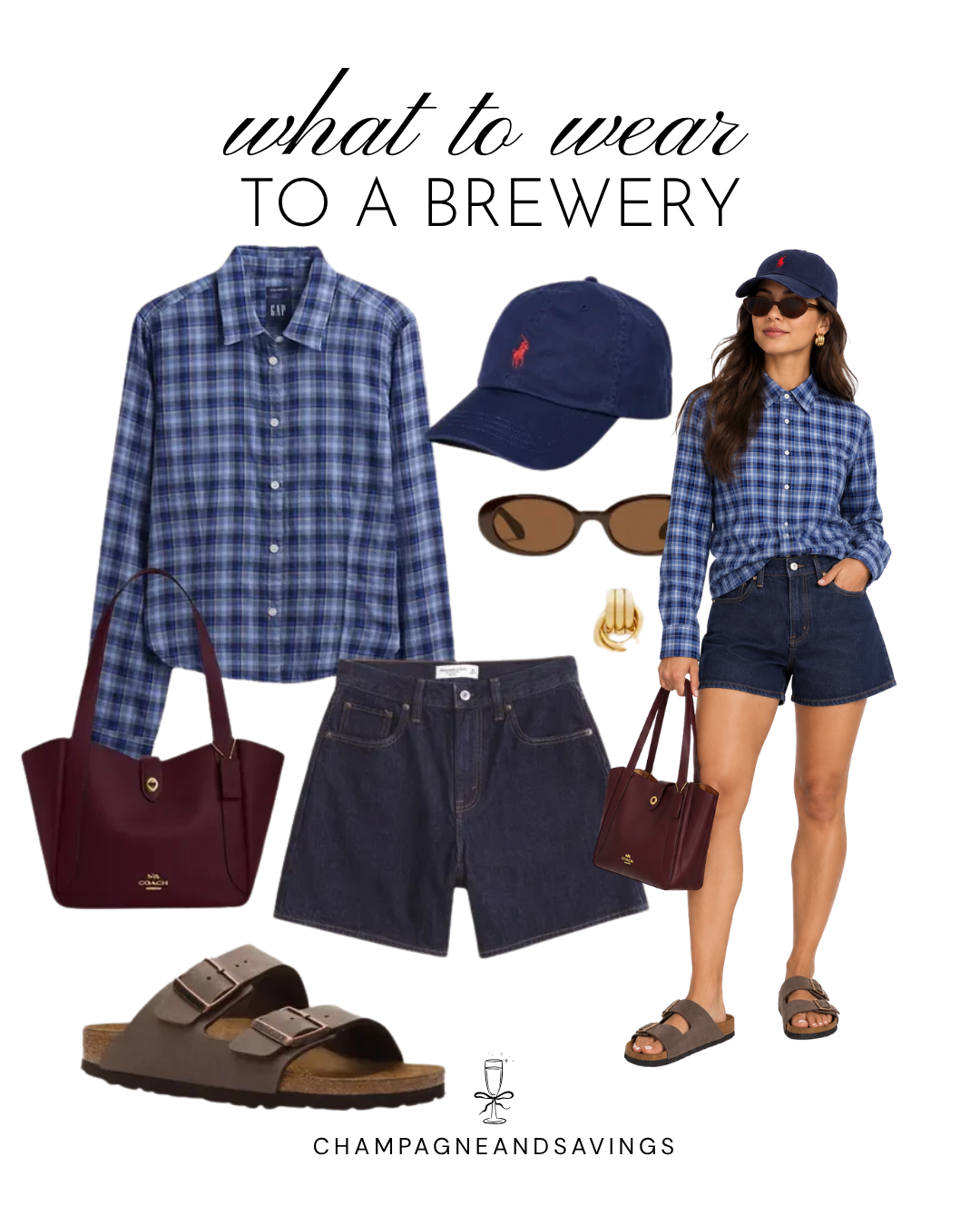 Casual brewery outfit with a blue plaid button-down shirt, dark denim shorts, navy baseball cap, Birkenstock sandals, and burgundy tote.