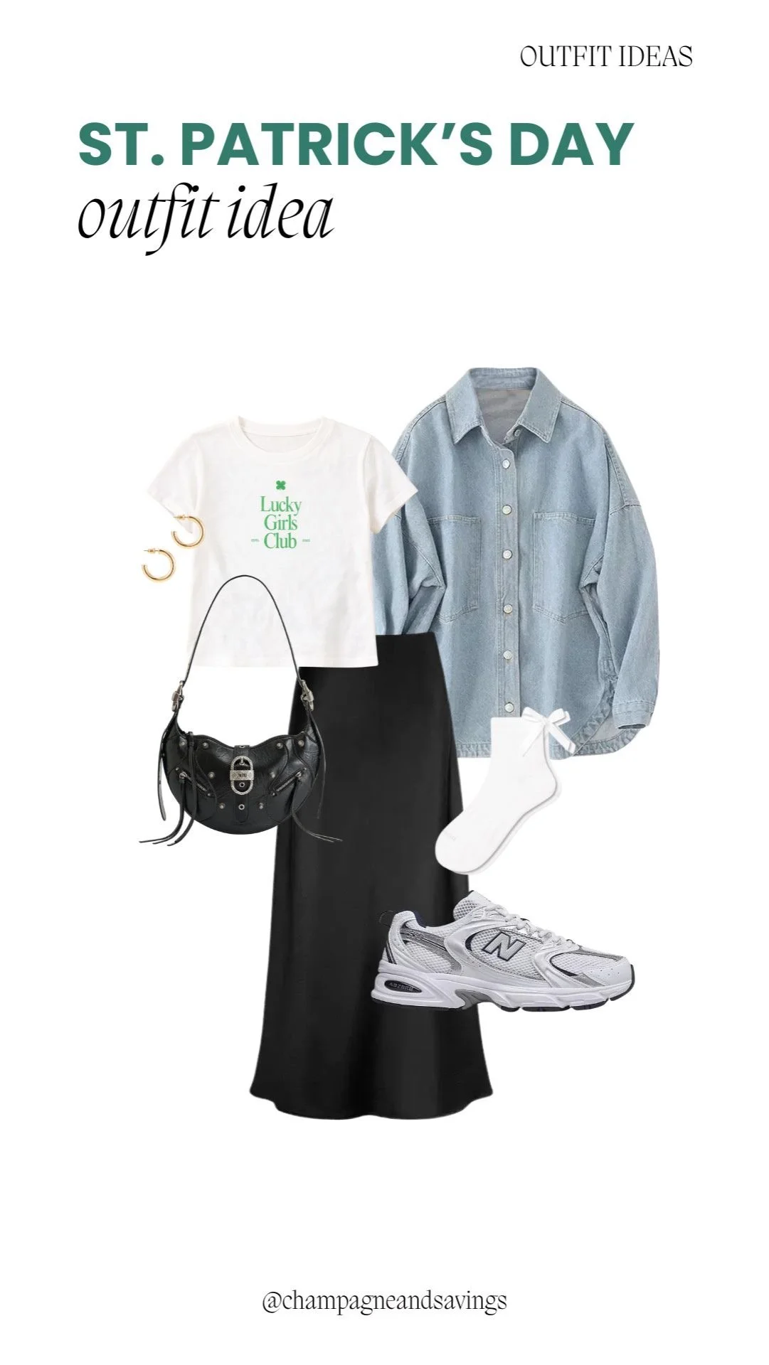 Graphic tee paired with a black midi skirt for a casual and festive St. Patrick’s Day outfit.
