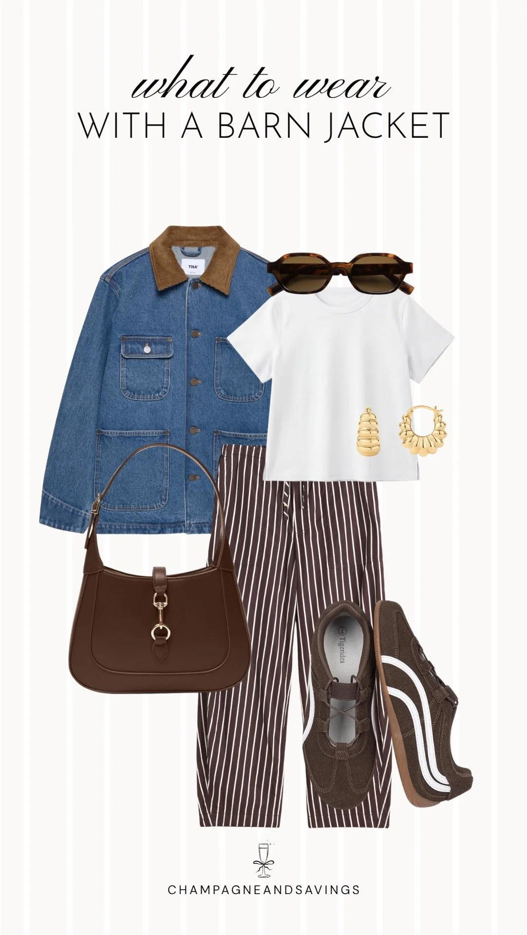 Outfit collage featuring a denim barn jacket styled with pinstripe pants and sneakers for a casual, polished fall outfit.