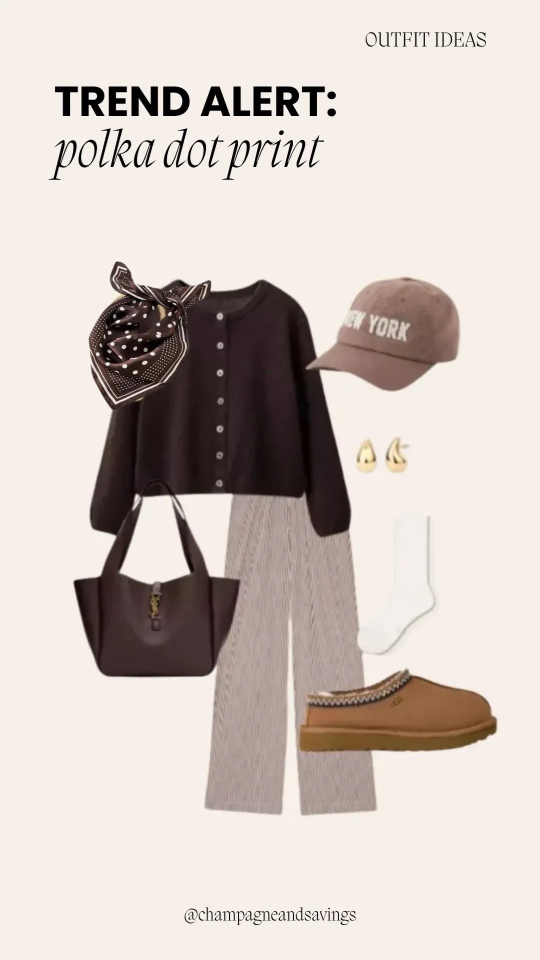 Collage of outfit pieces featuring a polka dot scarf paired with a dark cardigan and ribbed pants, styled for a cozy and stylish look.