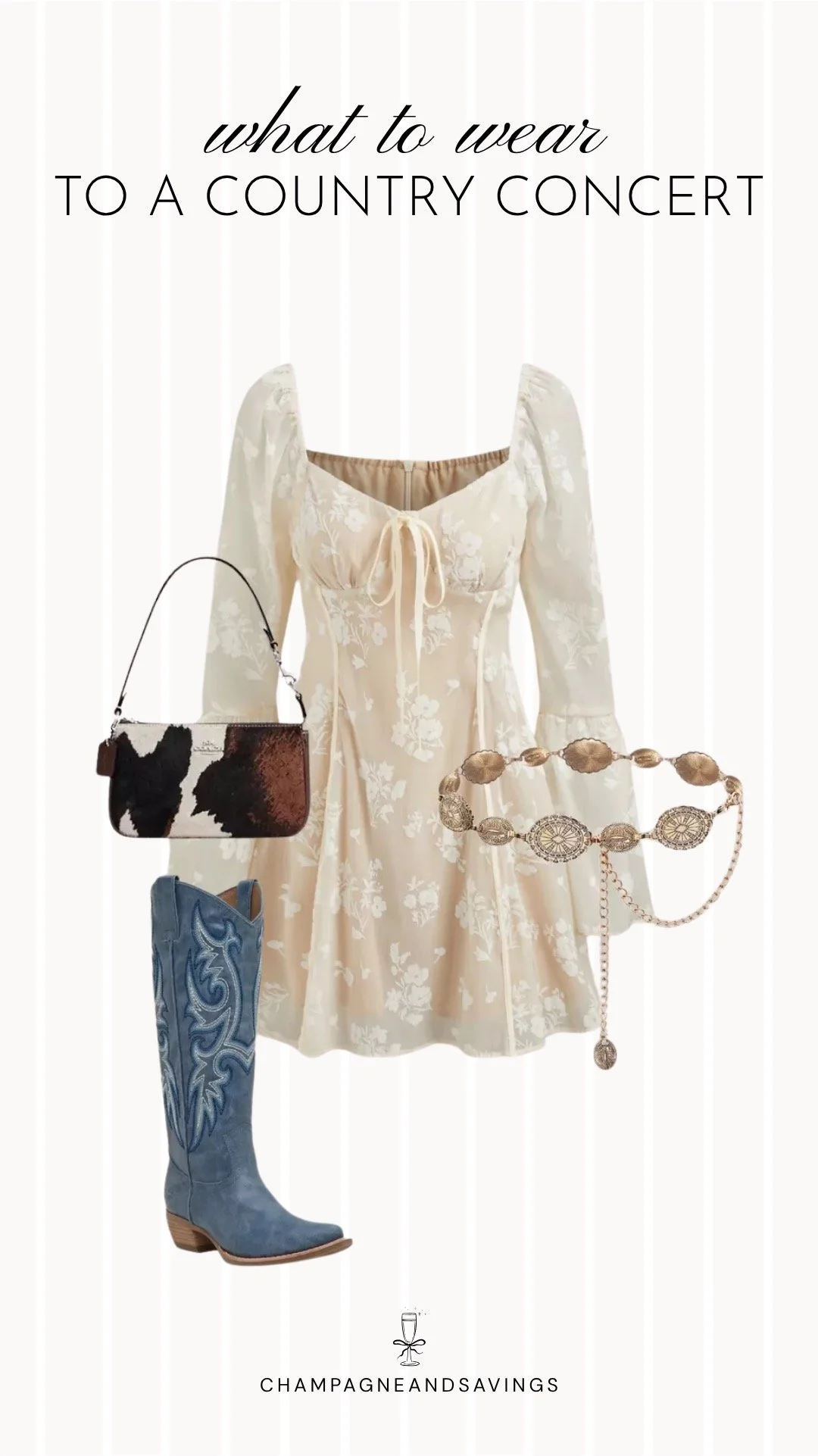 Collage of outfit pieces featuring a floral mini dress styled with blue cowboy boots for a fun and feminine country concert outfit idea.