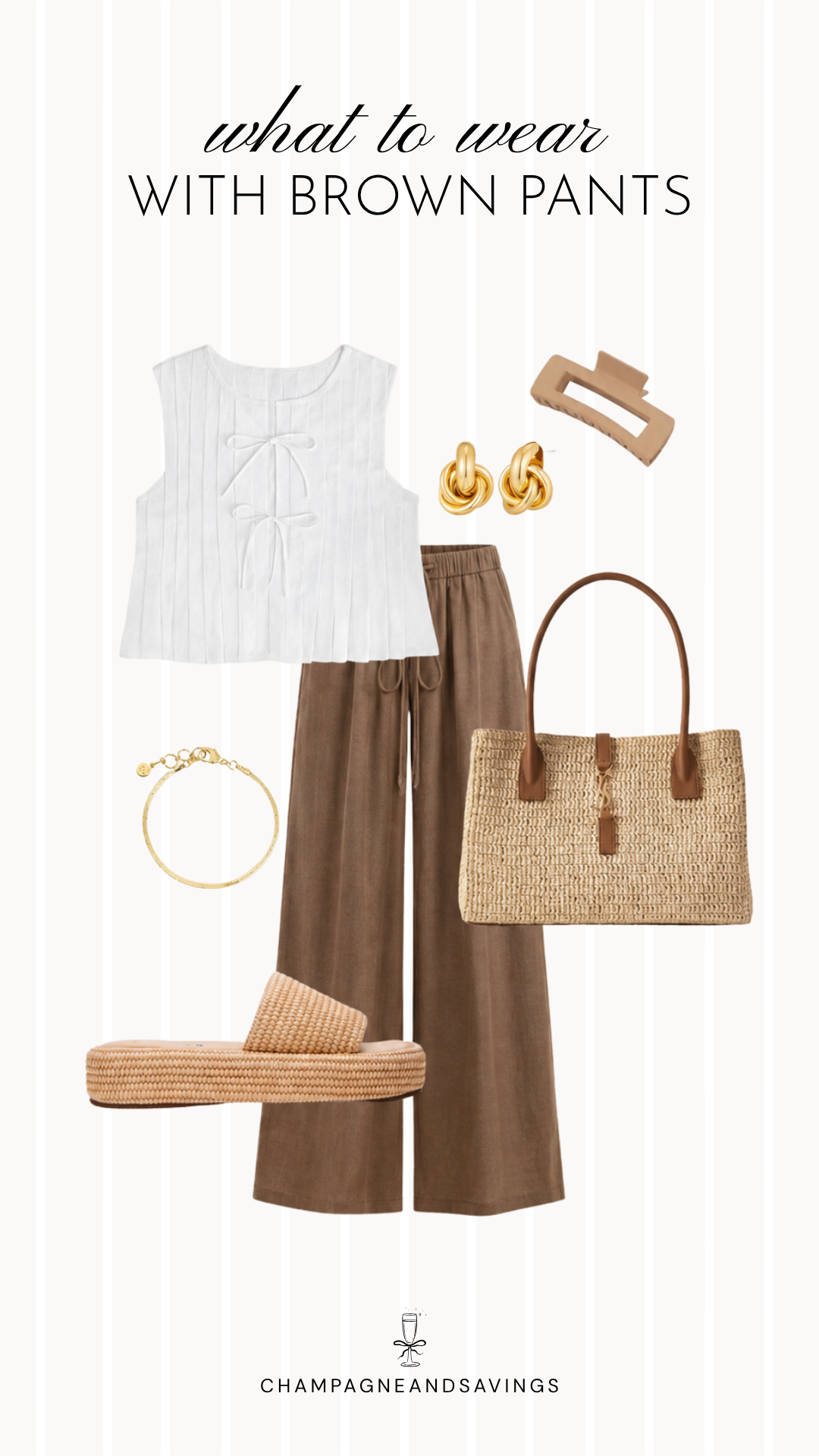 Brown pants outfit idea collage featuring a white bow top styled with brown linen pants for a chic, effortless warm-weather look.