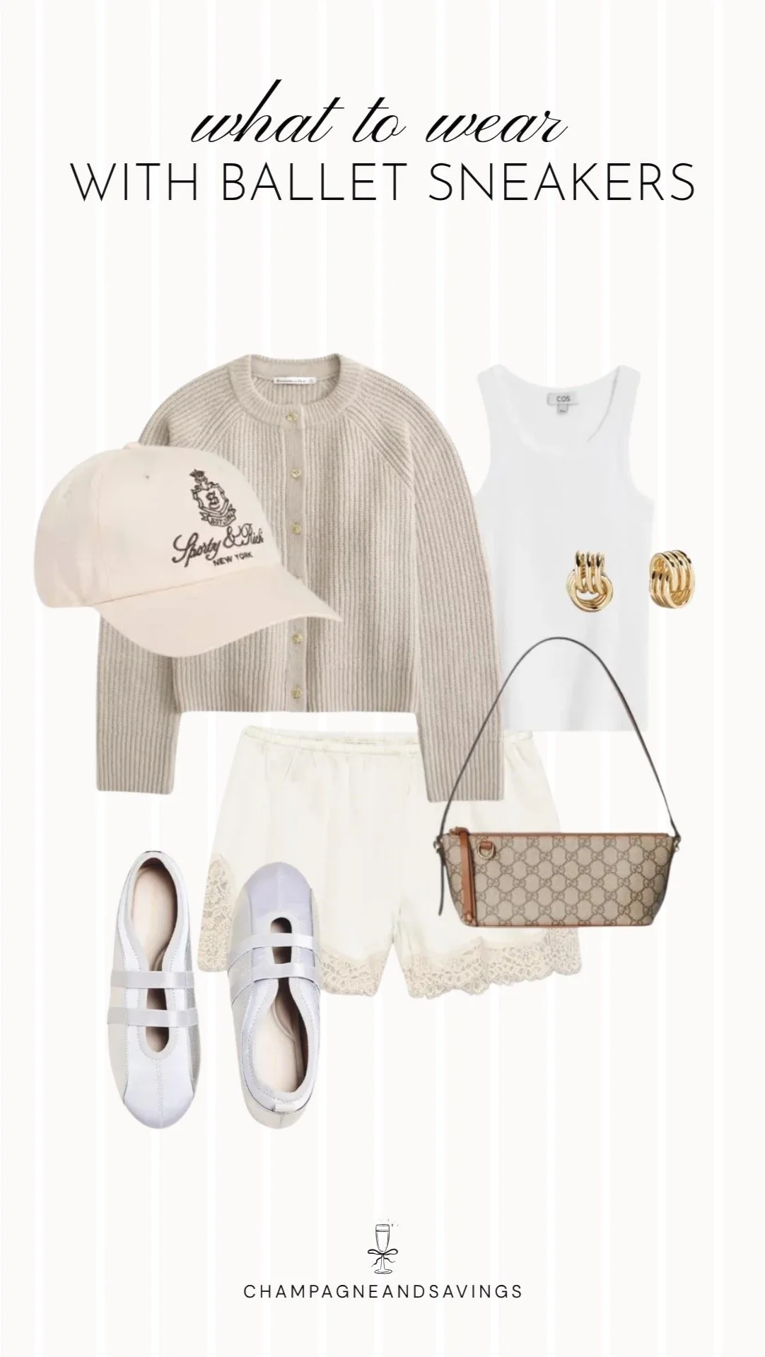 Collage of outfit pieces featuring ballet sneakers paired with a cardigan and lace trim shorts for a feminine and comfortable everyday outfit.