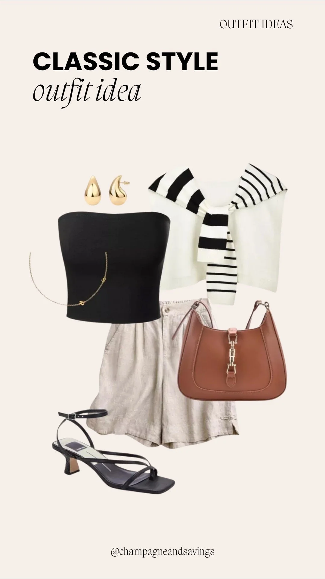 Image of a classic outfit collage featuring a black tube top paired with linen shorts and a striped sweater styled together with coordinating accessories arranged as outfit pieces
