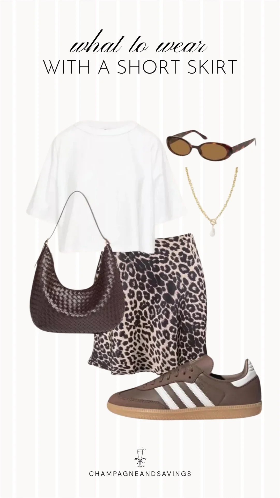 Collage of outfit pieces featuring a short skirt styled with a white tee and casual sneakers for an easy, everyday outfit idea.