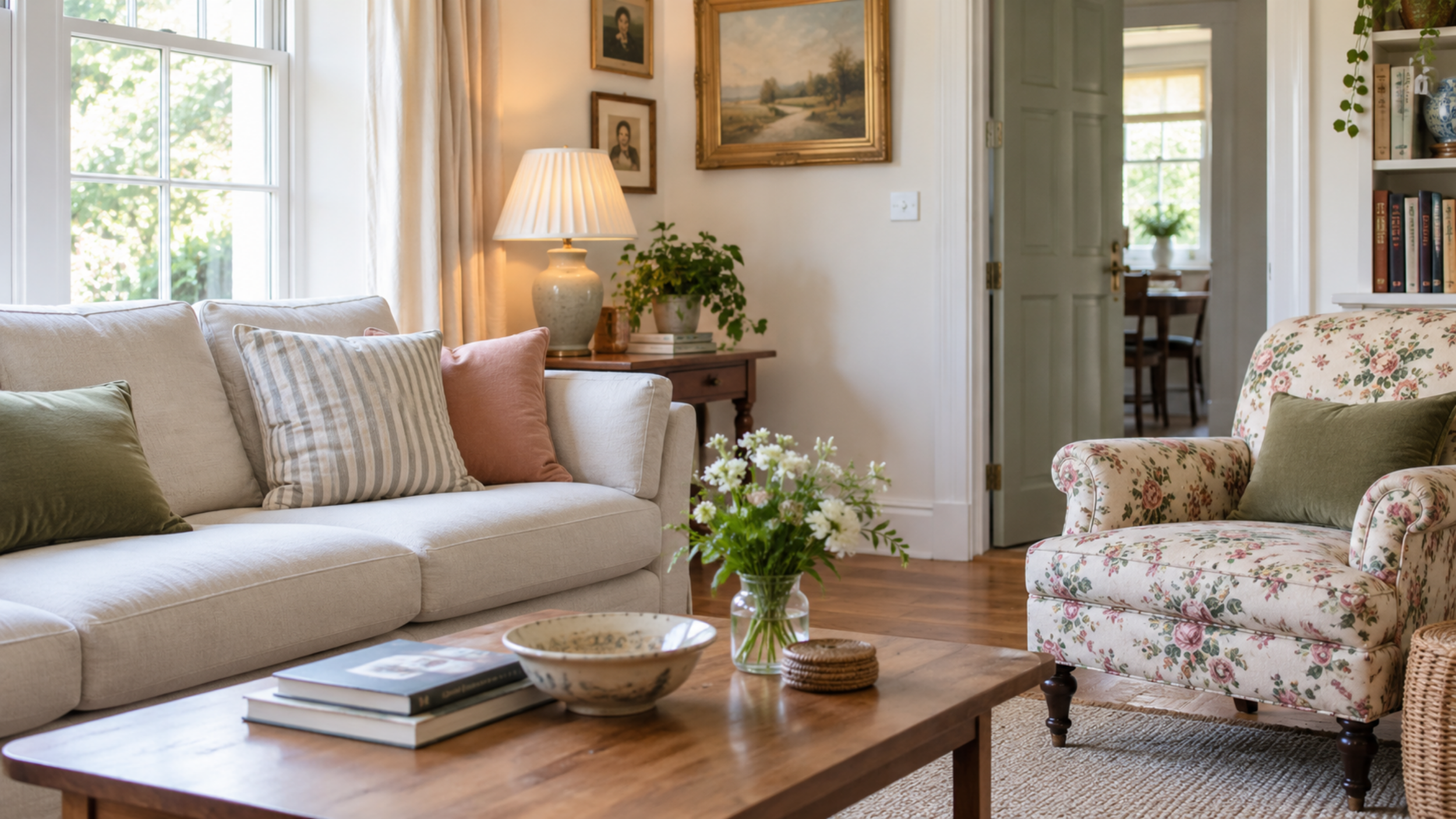 Cozy granny chic living room with vintage furniture, floral details, antique art, and warm colors