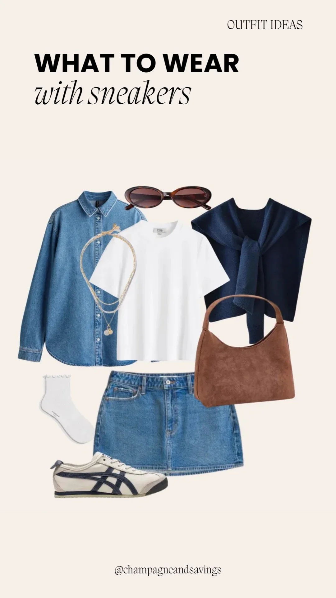 Collage showing a double denim outfit styled with sneakers for a polished casual look.
