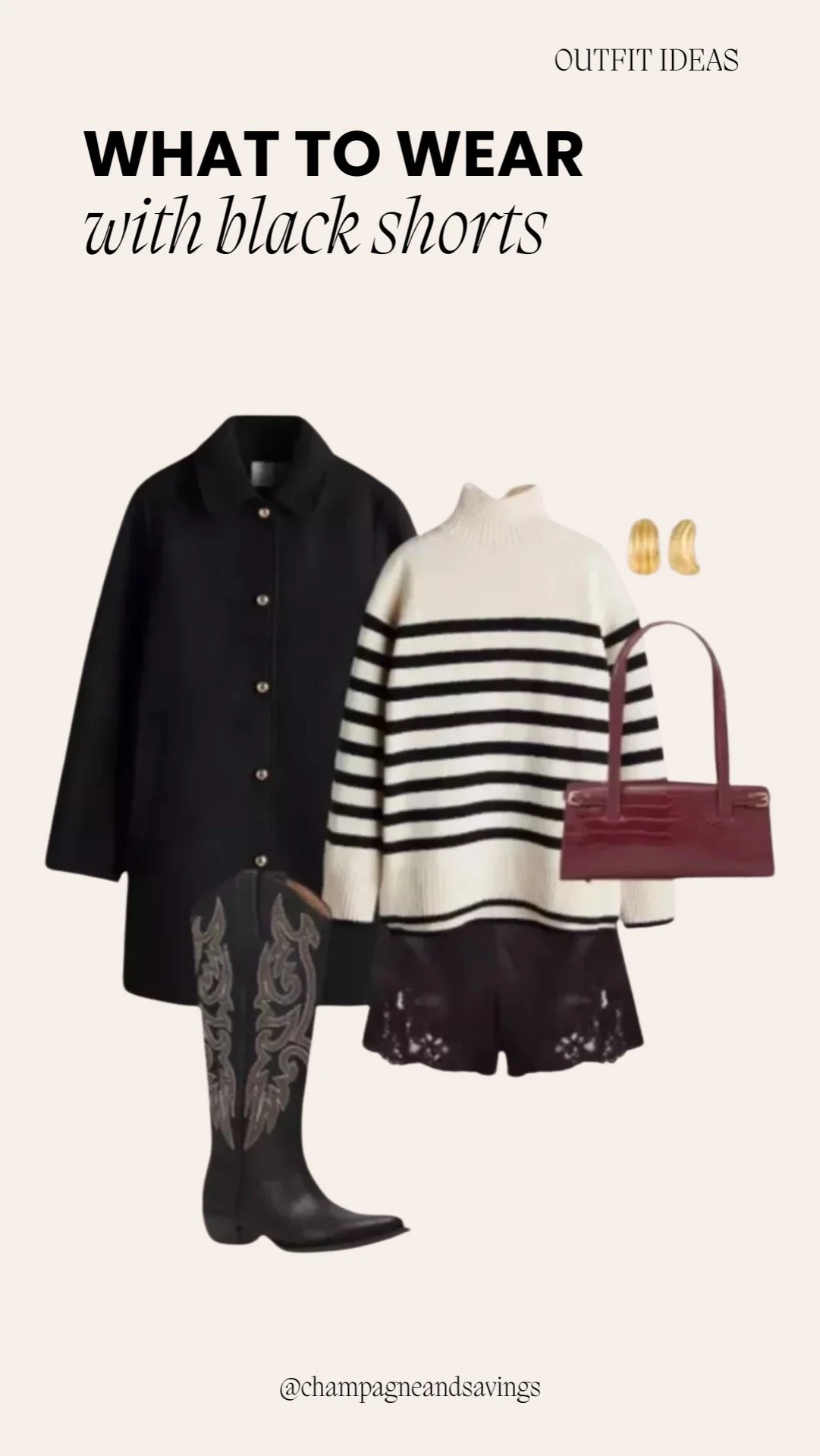 Collage of outfit pieces for a “Cozy Stripes and Boots” black shorts look, featuring black shorts paired with striped tops and cozy boots, styled in a relaxed casual aesthetic.