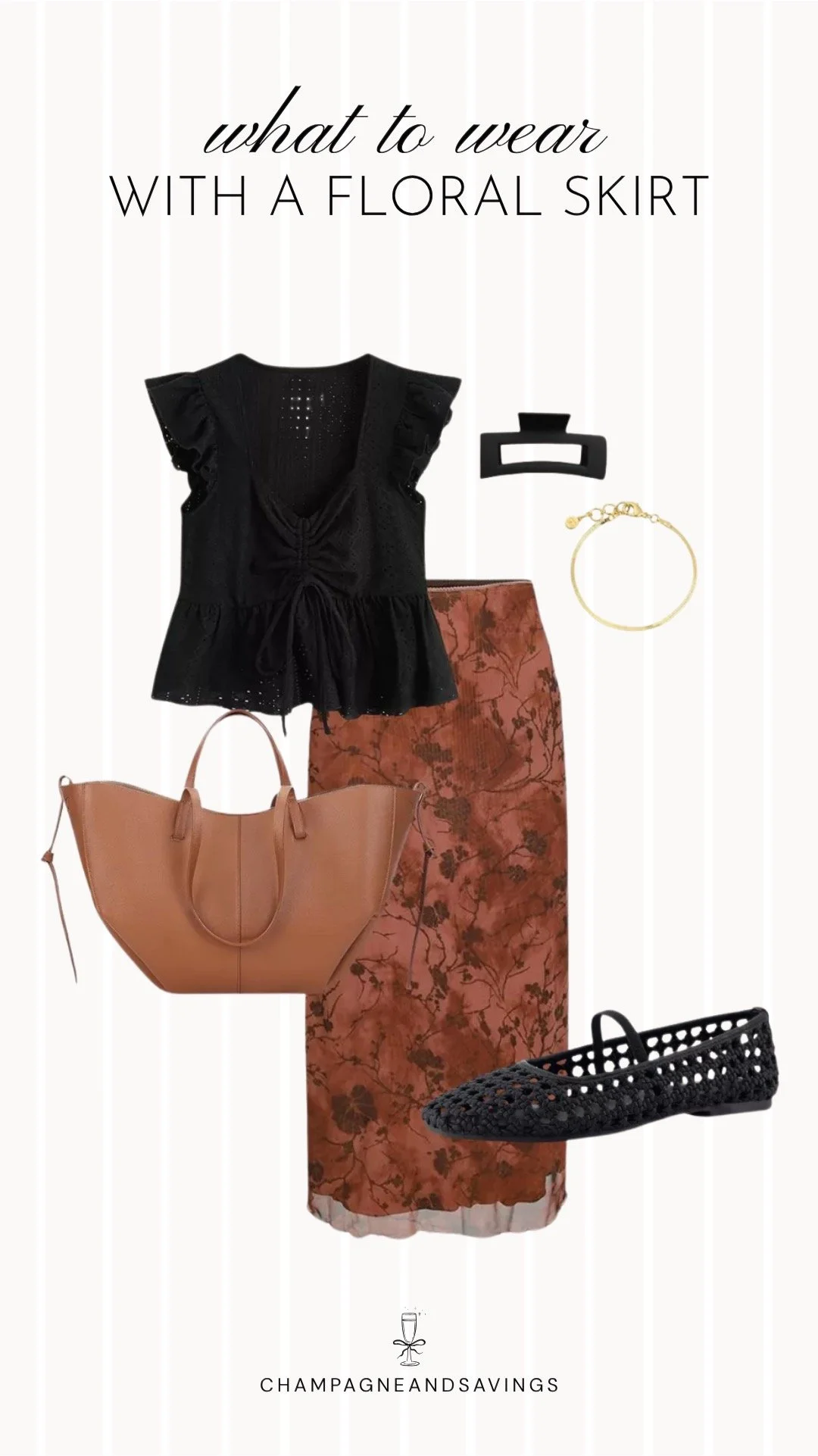 Collage of outfit pieces featuring a floral skirt styled with a black eyelet top and woven flats for a breezy, polished outfit