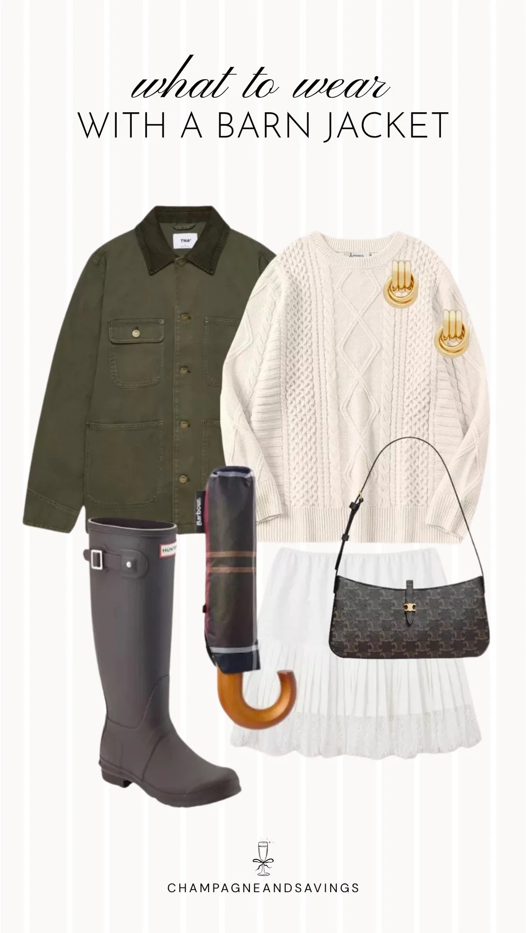 Outfit collage featuring a barn jacket layered over a cable knit sweater and paired with rain boots for a cozy, practical fall outfit.