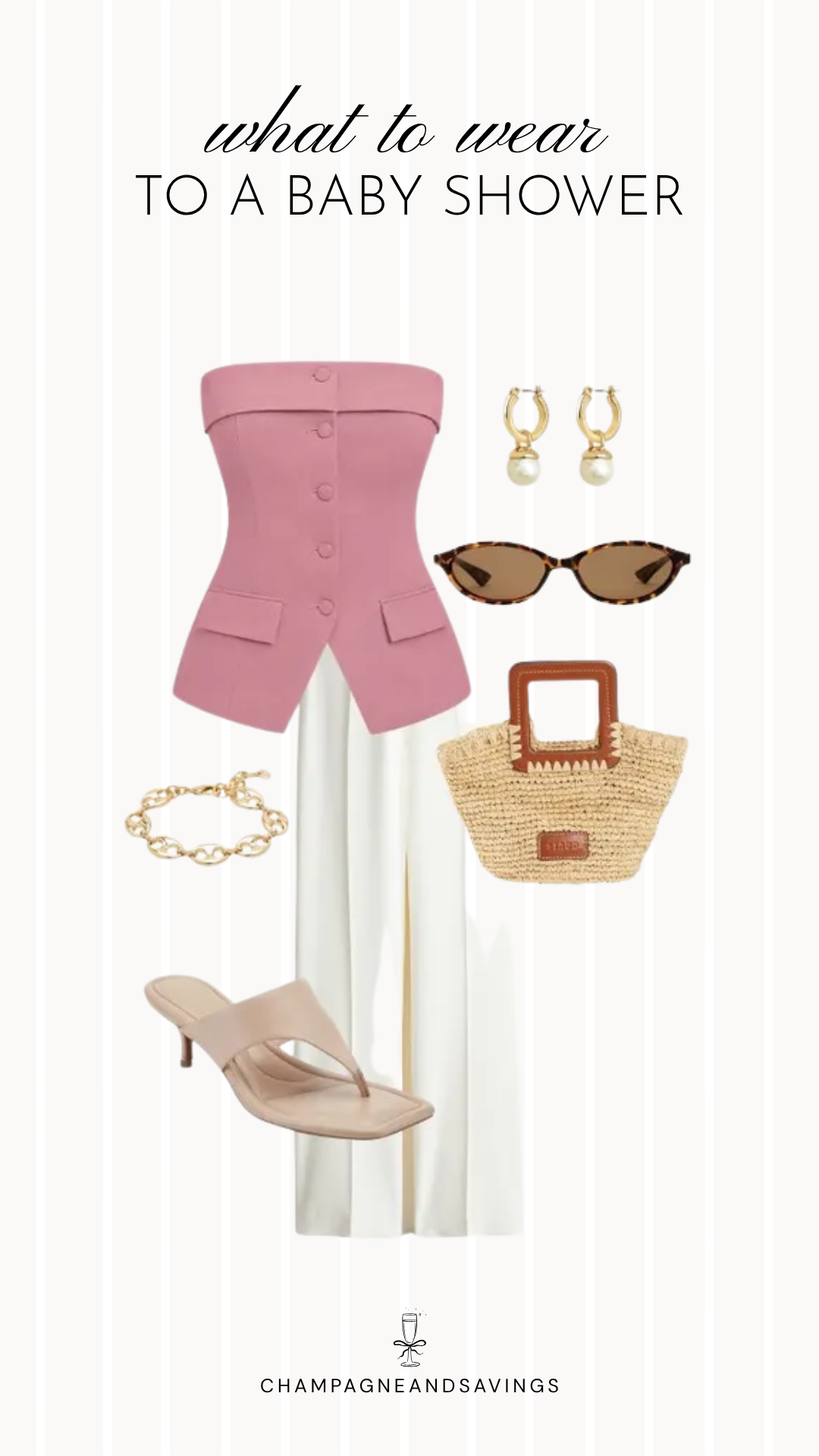 Collage of outfit pieces featuring a pink corset top paired with white trousers, matching shoes, handbag, and accessories for a chic and trendy baby shower guest outfit idea.