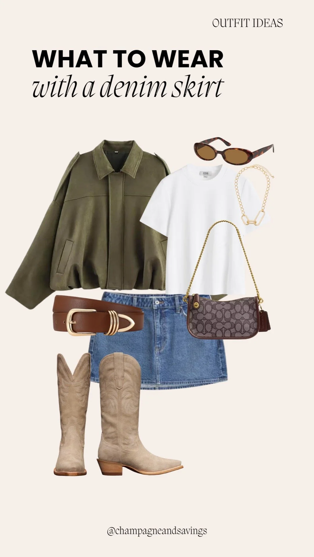 Mini skirt outfit idea featuring a denim mini skirt paired with a suede jacket and western boots, styled together as coordinated outfit pieces.