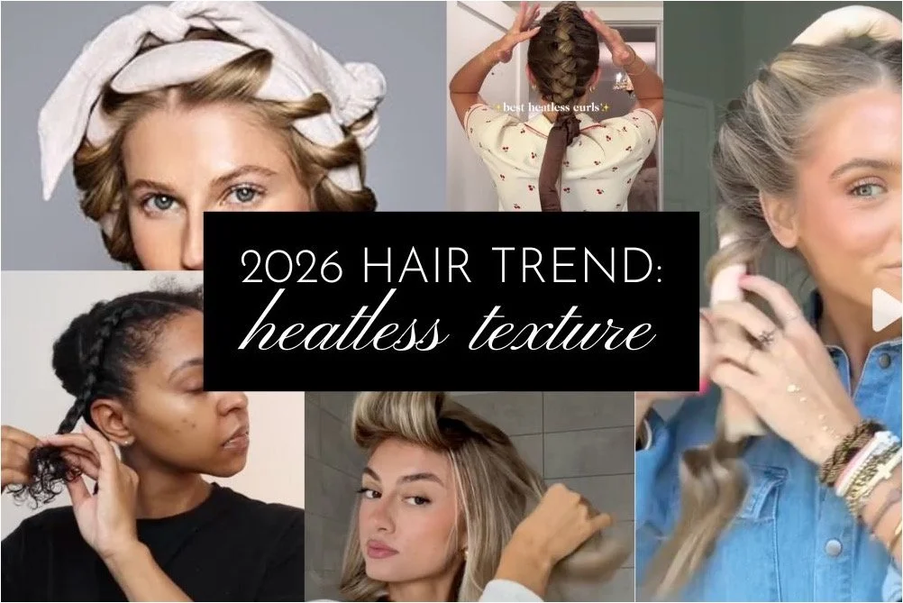collage of the 2026 hair trend: heatless texture