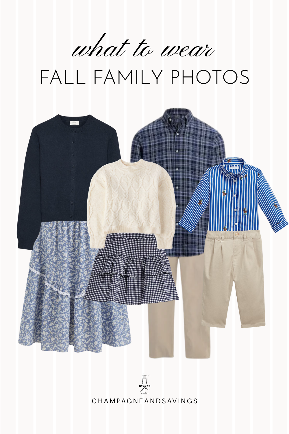 Collage of outfit pieces for a fall family photo color scheme featuring navy, plaid, and khaki pieces for a polished, preppy family photo look.