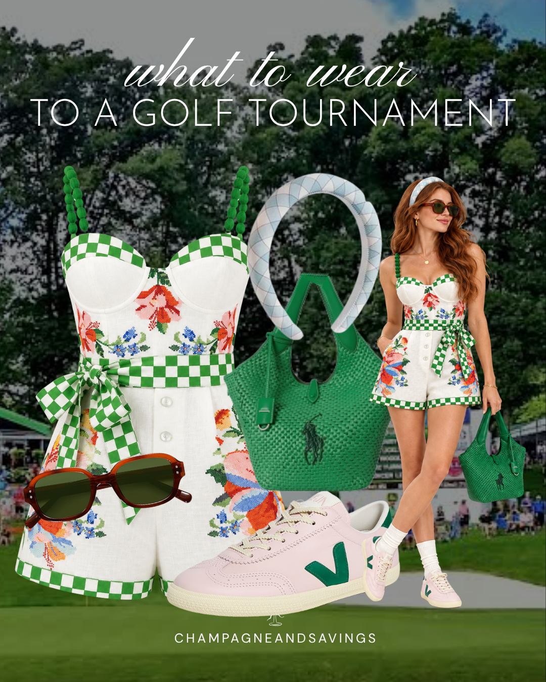Cute golf tournament spectator outfit idea featuring a colorful printed romper and sneakers, shown in a collage of outfit pieces for a stylish day on the course.