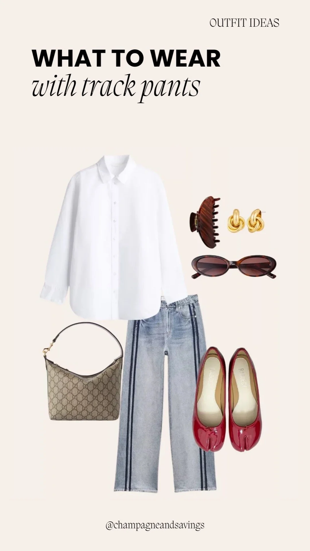 Collage of outfit pieces for a “Denim Track Pants with a White Button Down” look, featuring denim track pants paired with a crisp white button-down shirt and casual coordinating pieces, styled in a chic sporty aesthetic.