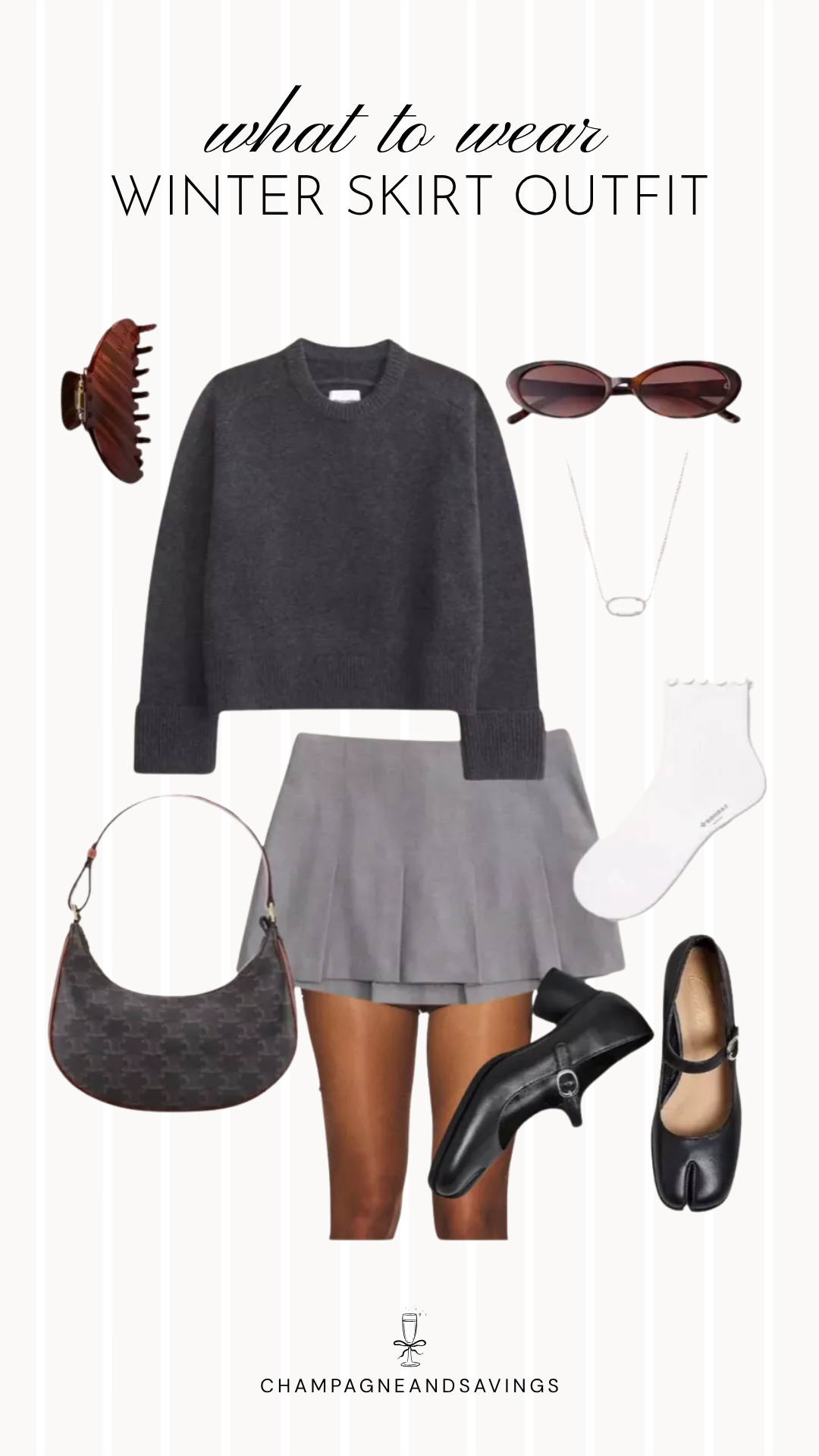 Gray mini skirt and Mary Jane shoes winter outfit idea with cozy layers and accessories for a chic cold-weather look.