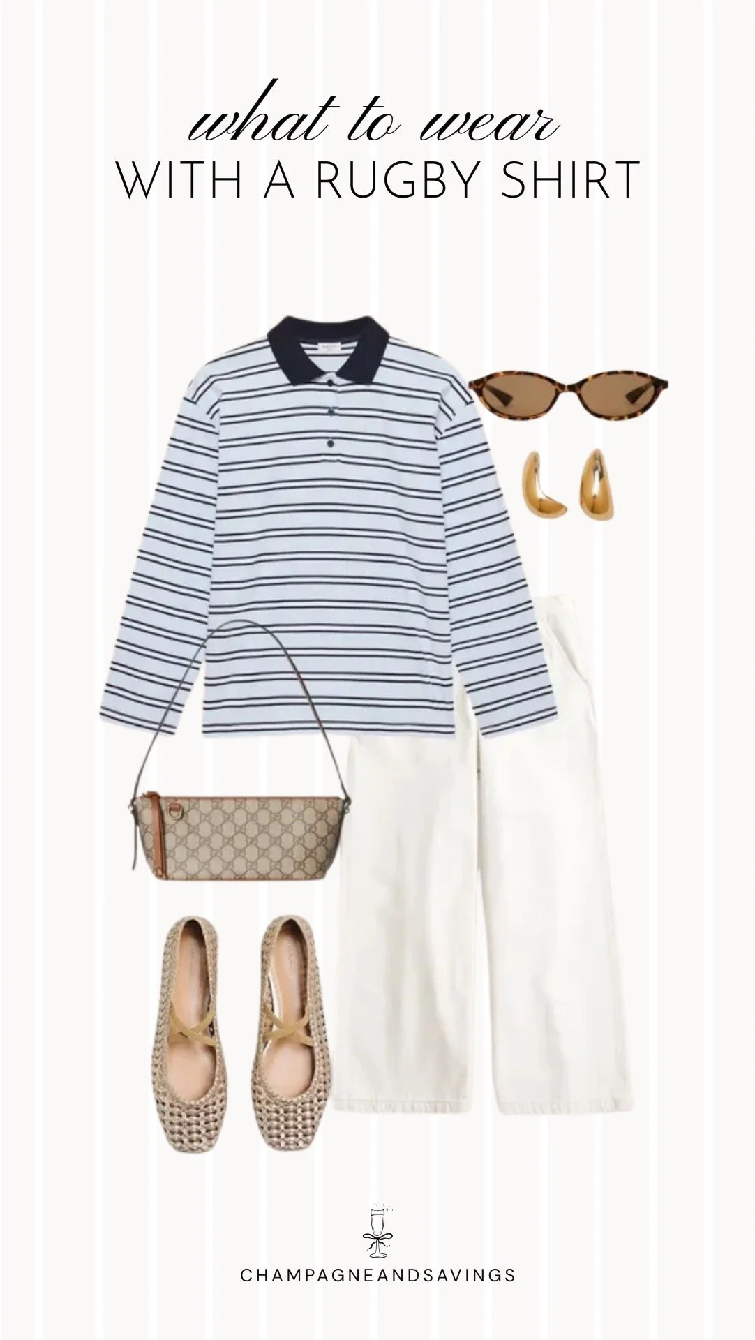 A sporty chic rugby shirt outfit featuring a classic rugby shirt paired with white wide leg pants and woven flats for a fresh, effortless look that's perfect for casual days and weekend outings.
