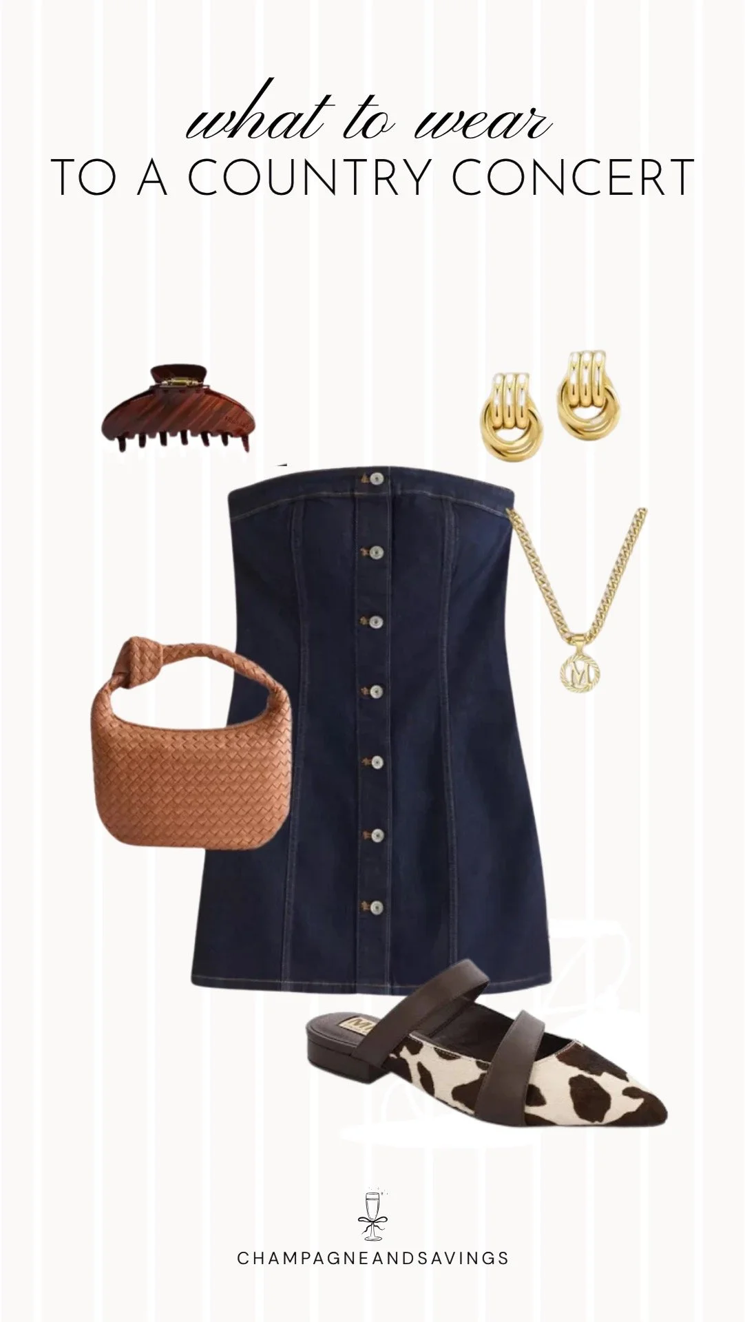 Collage of outfit pieces featuring a denim mini dress styled with cow print flats for a fun and trendy country concert outfit idea.