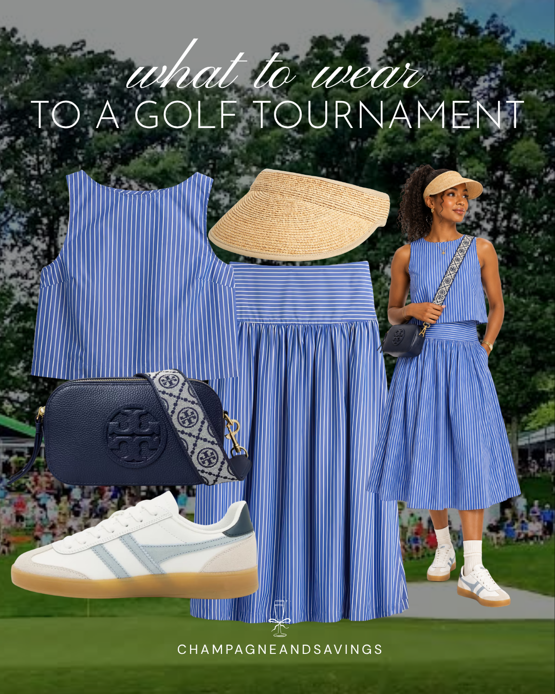 Cute golf tournament spectator outfit idea featuring a blue striped matching set, shown in a collage of outfit pieces for a stylish day on the course.