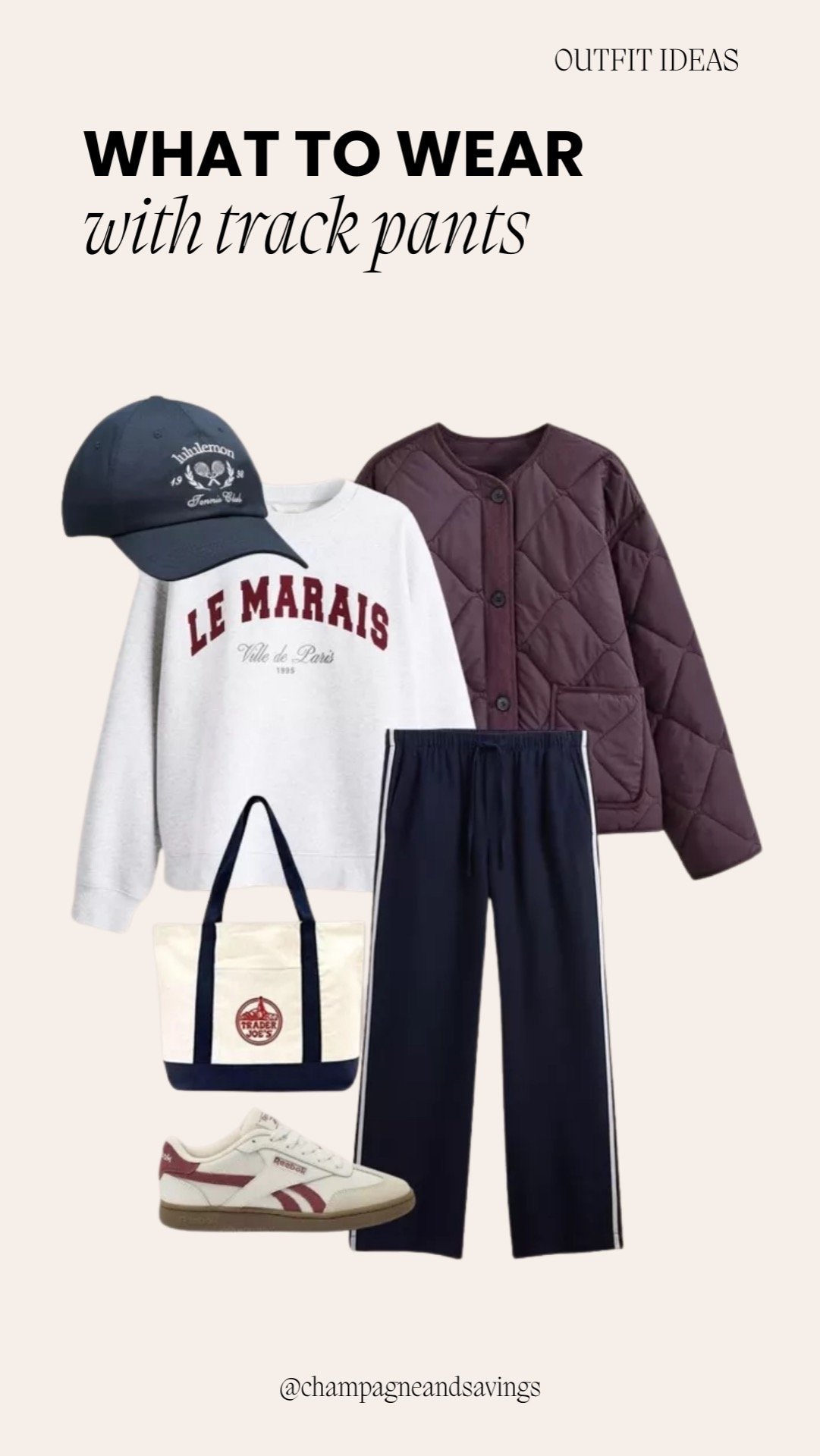 Collage of outfit pieces for a “Quilted Jacket and Graphic Sweatshirt” look, featuring a graphic sweatshirt paired with a quilted jacket and casual coordinating pieces, styled in a cozy sporty aesthetic.