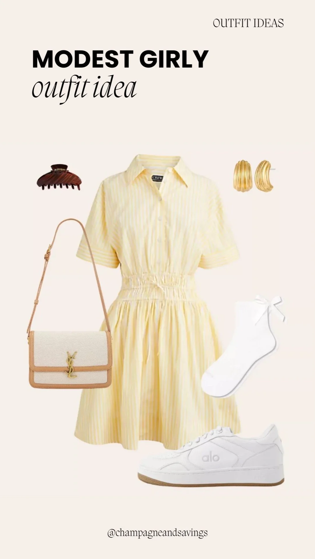 Modest girly outfit idea featuring a yellow striped shirt dress paired with coordinating feminine pieces, styled together as coordinated outfit pieces.