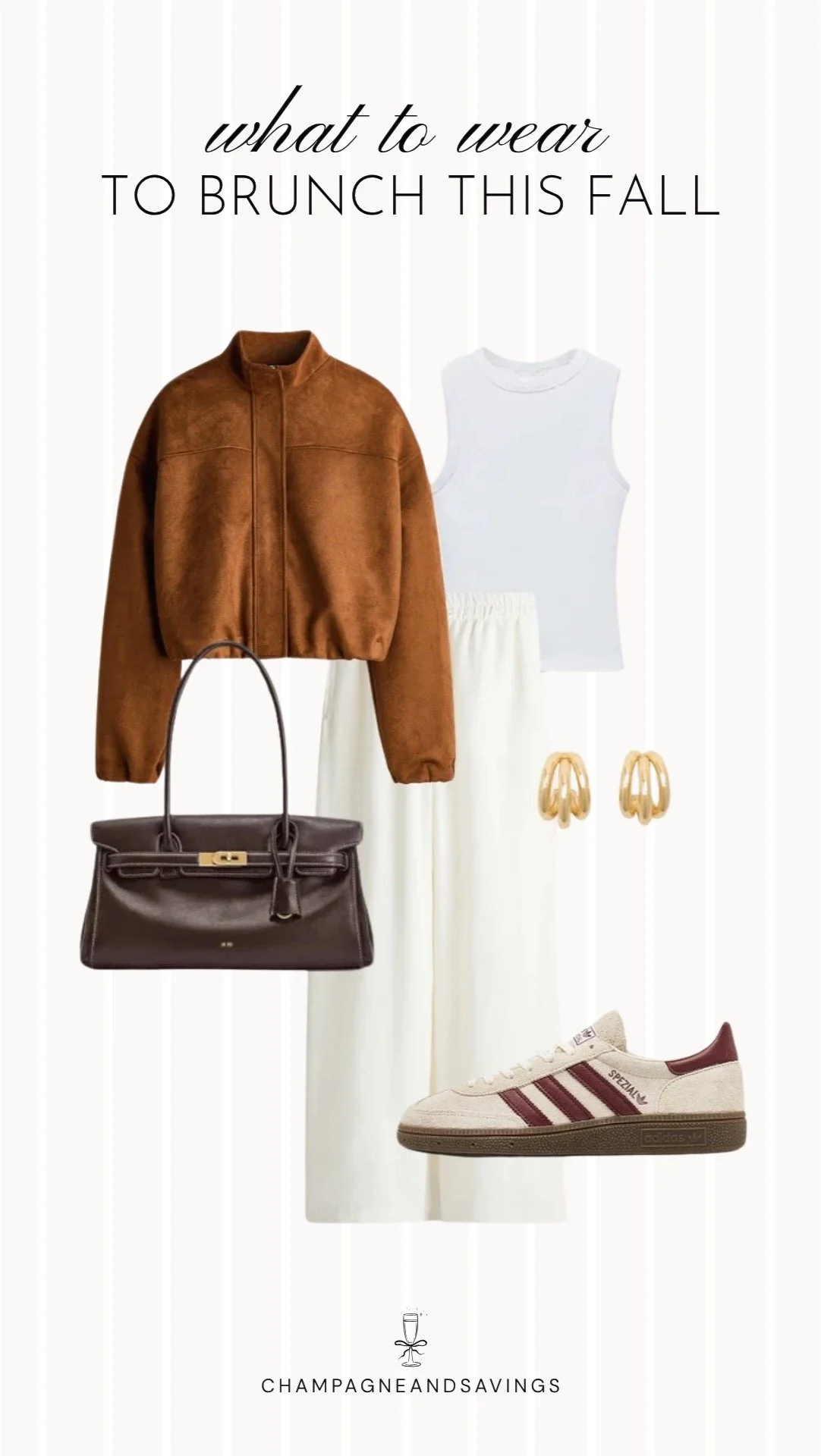 Collage of outfit pieces featuring a suede bomber jacket layered over a tank with wide leg pants for a casual and elevated fall brunch outfit idea.