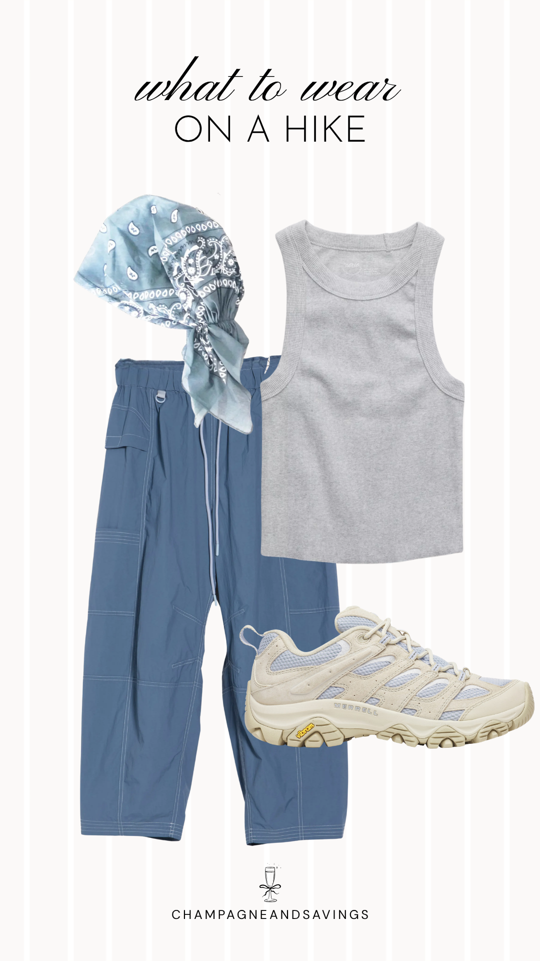 A collage of outfit pieces featuring a grey tank top paired with blue cargo pants, a bandana, and hiking shoes, creating a casual, breathable, and functional hiking outfit for warm-weather trail adventures.