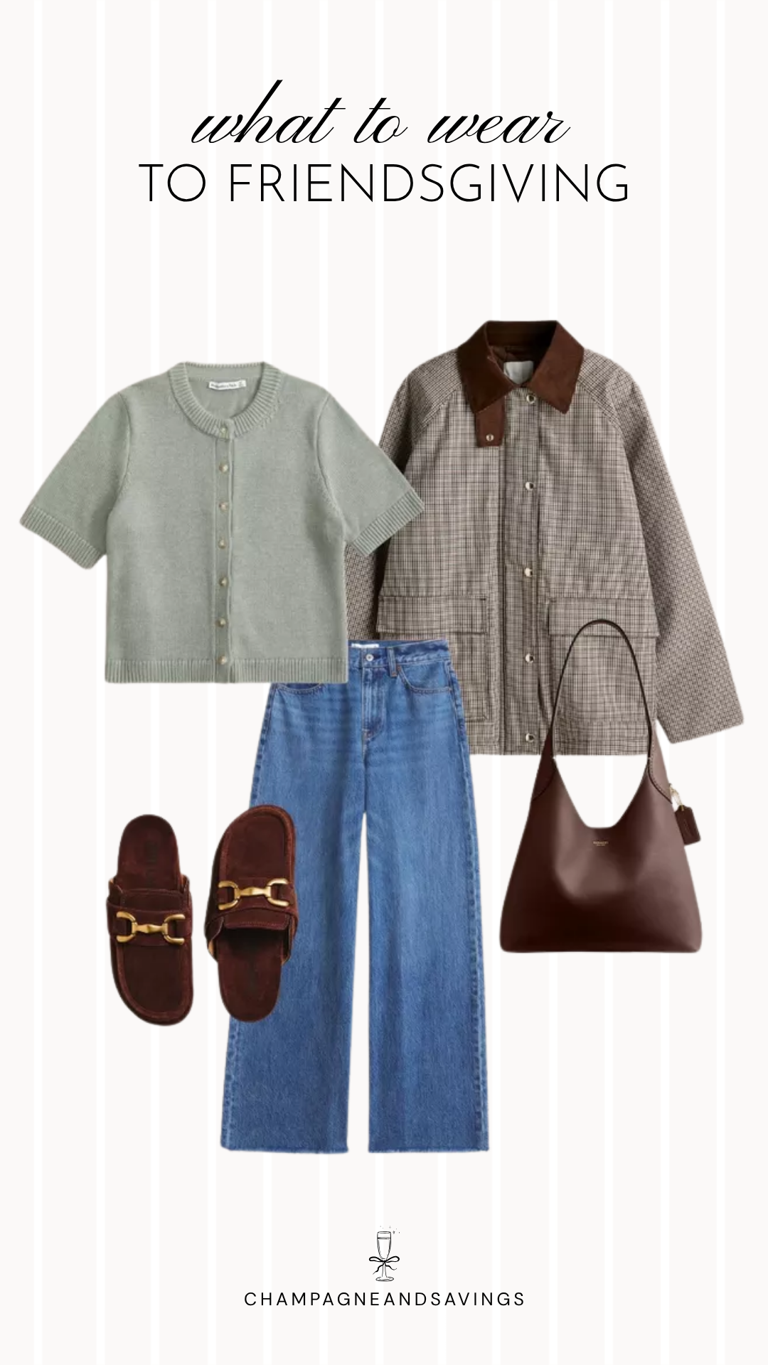 Friendsgiving outfit idea featuring a short sleeve cardigan layered with a plaid barn jacket and paired with casual slides, styled together in a cozy fall fashion collage for a relaxed and stylish Friendsgiving gathering.