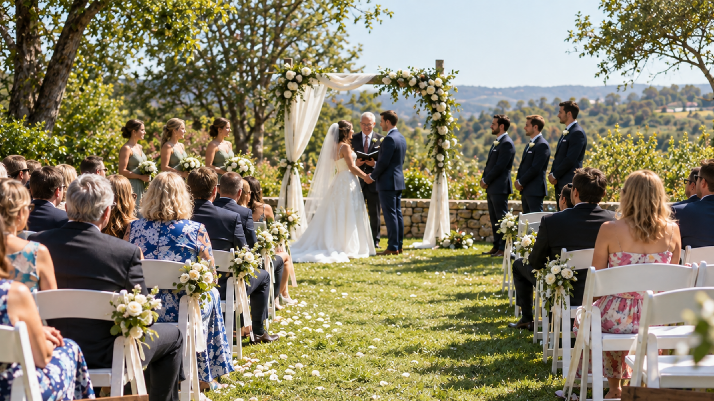 Outdoor wedding ceremony with separate bride’s side and groom’s side signs beside the aisle.