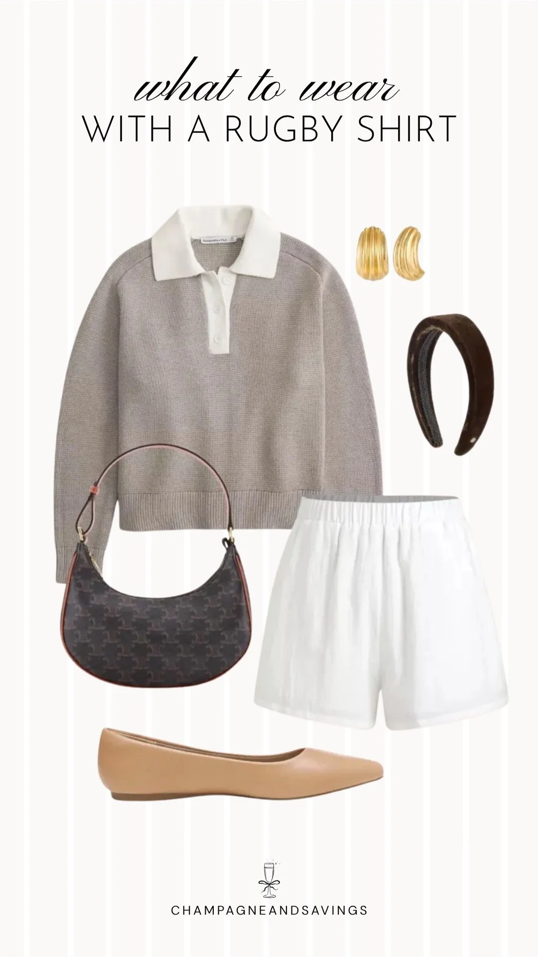 A chic rugby shirt sweater outfit featuring a rugby-style knit sweater paired with linen shorts and ballet flats, creating a polished yet relaxed look perfect for transitional weather and casual outings.