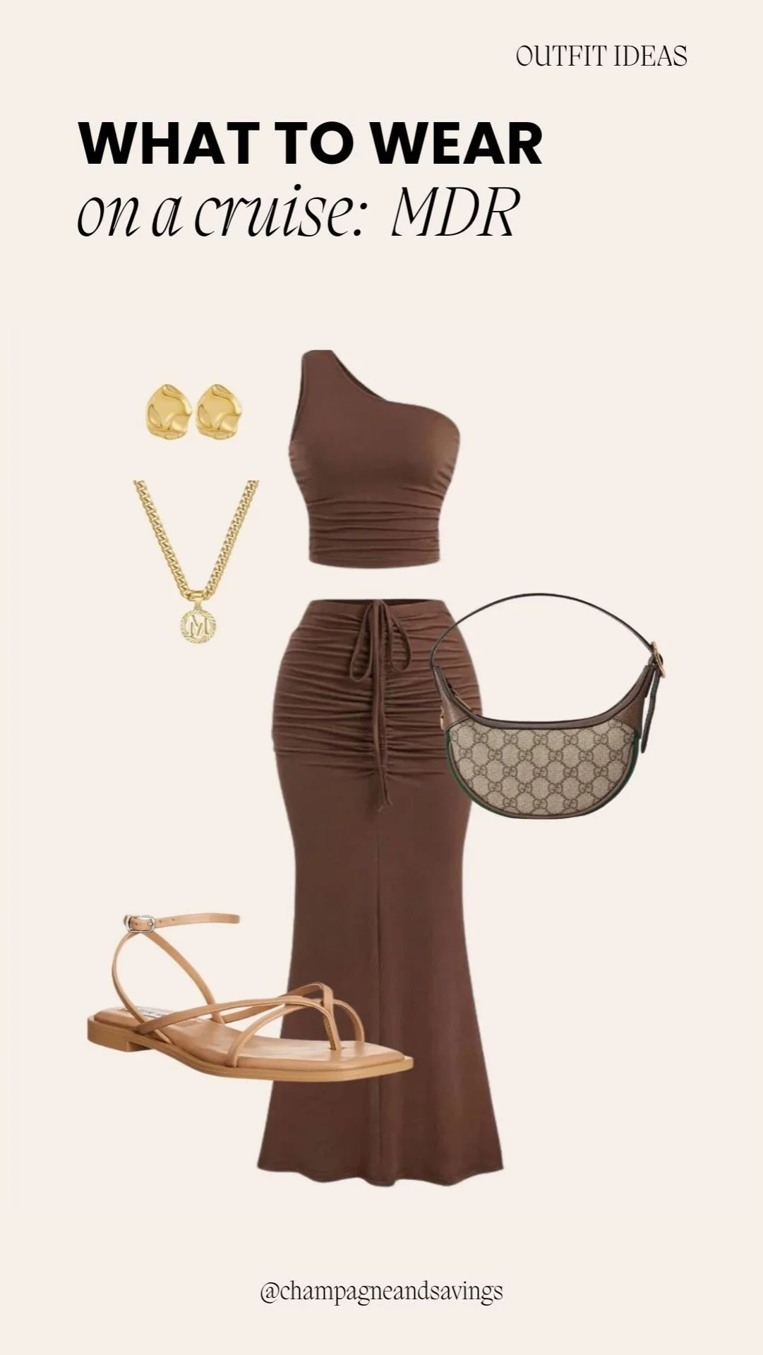 Chocolate brown matching set styled as a chic cruise outfit, perfect for daytime adventures and casual vacation looks.