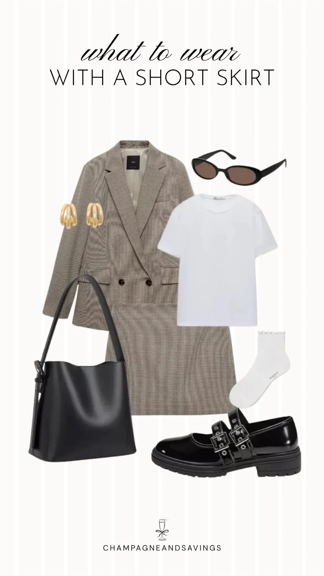 Collage of outfit pieces featuring a short skirt styled with a matching blazer and Mary Janes for a polished, preppy outfit idea.
