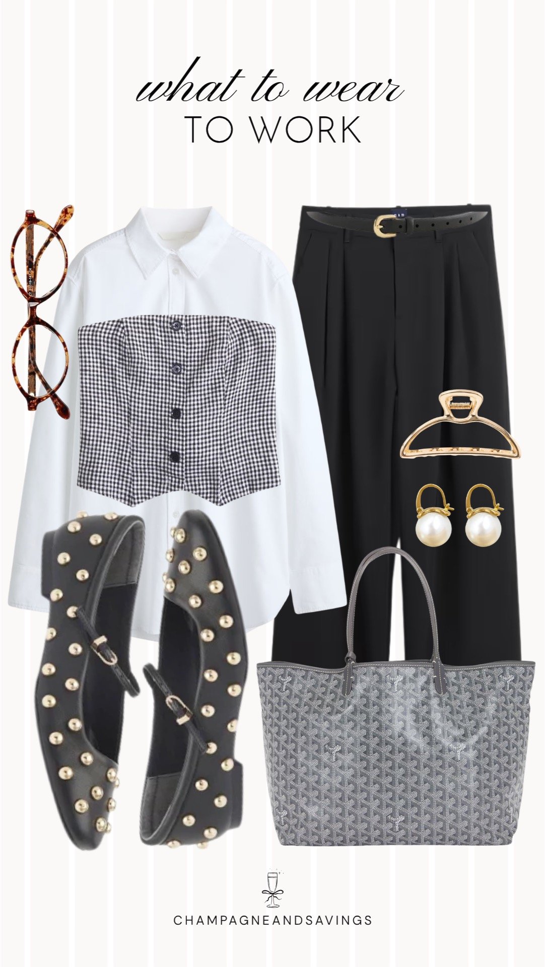 Edgy work outfit collage featuring a classic button-down shirt styled with a gingham corset top and studded flats, creating a modern office-ready look that blends tailored polish with bold details.