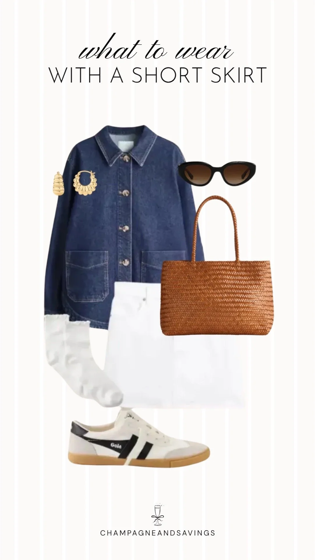 Collage of outfit pieces featuring a short skirt styled with a denim shirt and sneakers for an easy, casual everyday outfit idea.