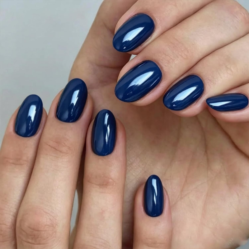 Fall chrome nail idea featuring midnight navy chrome