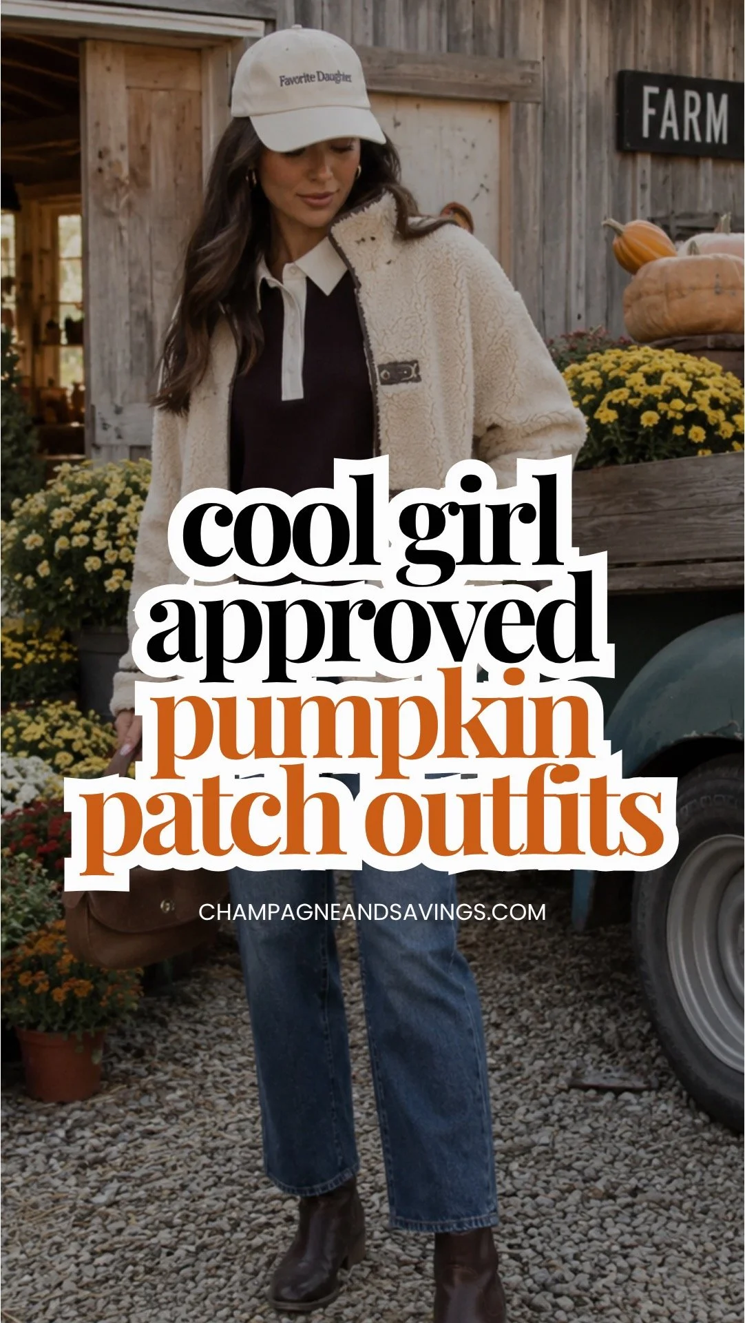 Image that says Cool Girl Approved Pumpkin Patch Outfits and has a girl in the background in a styled outfit.