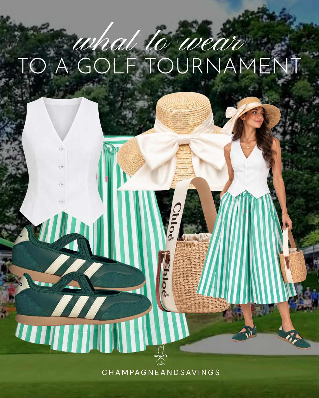 Cute golf tournament spectator outfit idea featuring a striped midi skirt and white vest, shown in a collage of outfit pieces for a stylish day on the course.